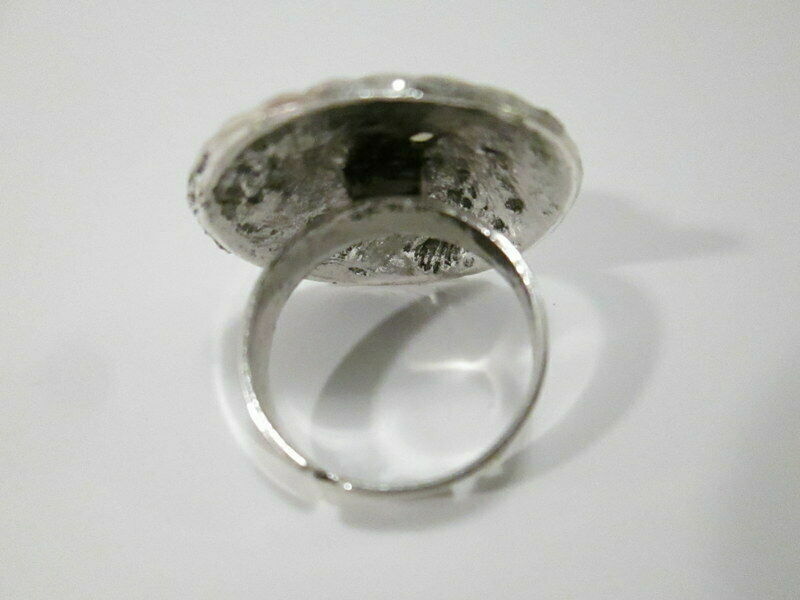 Adjustable Cocktail Ring Silver Tone with White Round Cabochon Estate Find