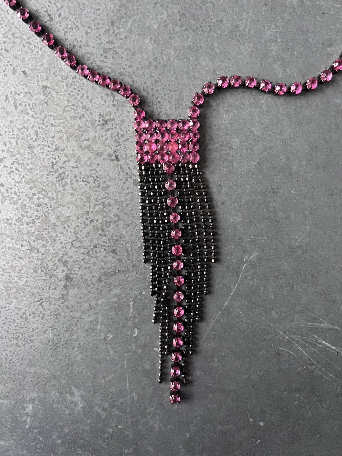 Vintage pink rhinestone gunmetal fringe necklace 90s 00s adjustable 14.5-18 in
