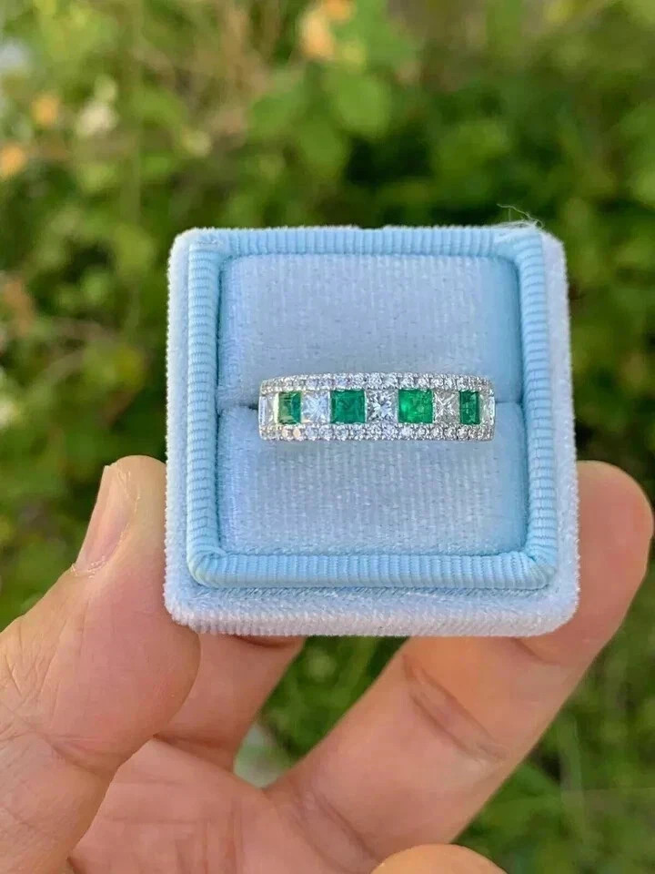 3Ct Art Deco style Lab Created Diamond Emerald Engagement 14K White Gold FN Ring