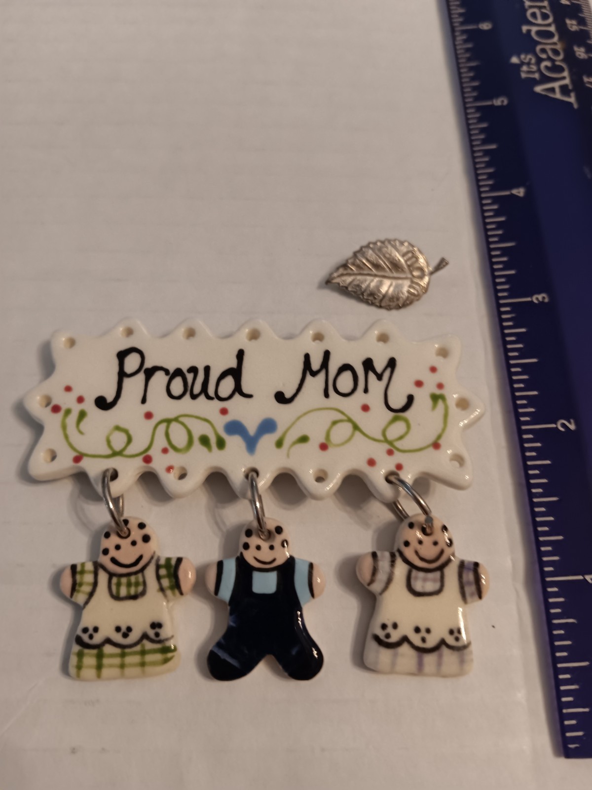 Cute ceramic ” Proud Mom ” Brooch And Small Silver Tone Leaf “Mom” Pin