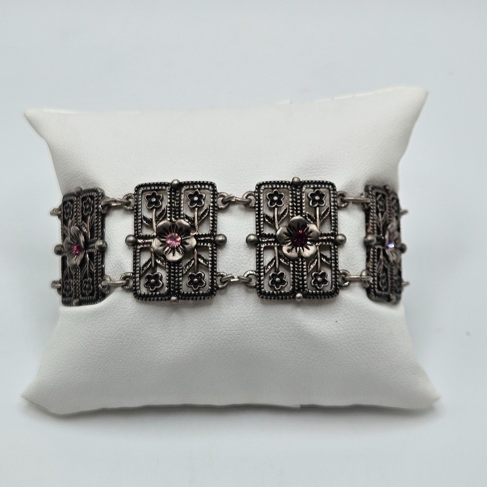 VINTAGE Art Deco Filigree Rhinestone Flower Articulated Panel Link Bracelet