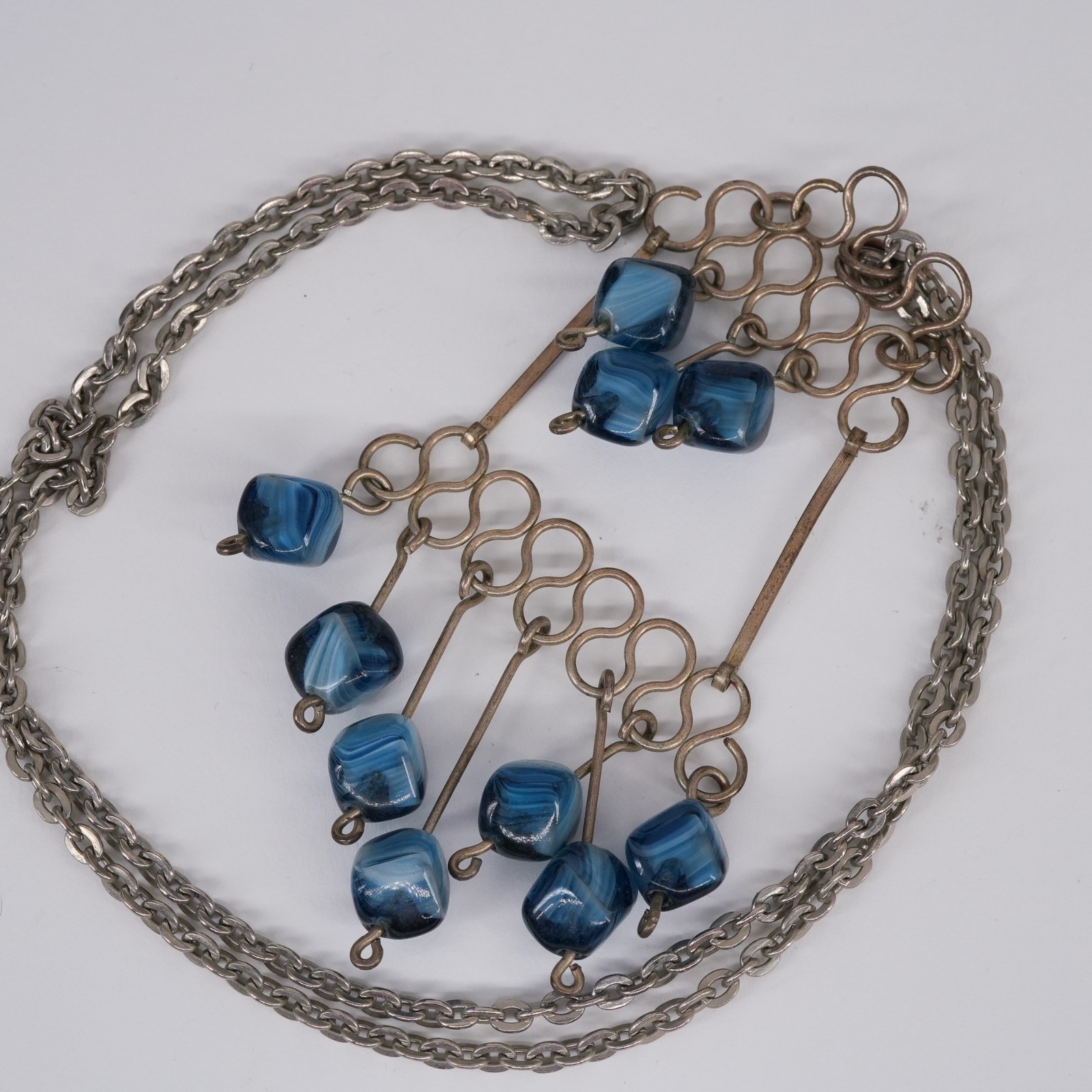 Wire Pendant Statement Necklace Blue Porphyry Glass beaded Drop 1970s VTG | 26″