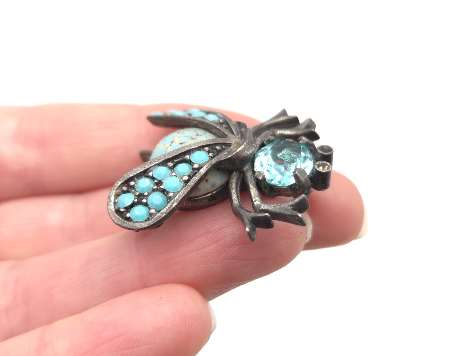Vintage WEISS Blue Glass Rhinestone Faux Turquoise Bee Bug Beetle Brooch Pin