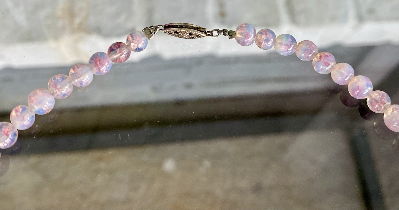 Vtg Opalescent Foil Pink Blue Glass Graduated Necklace Sterling Silver Clasp