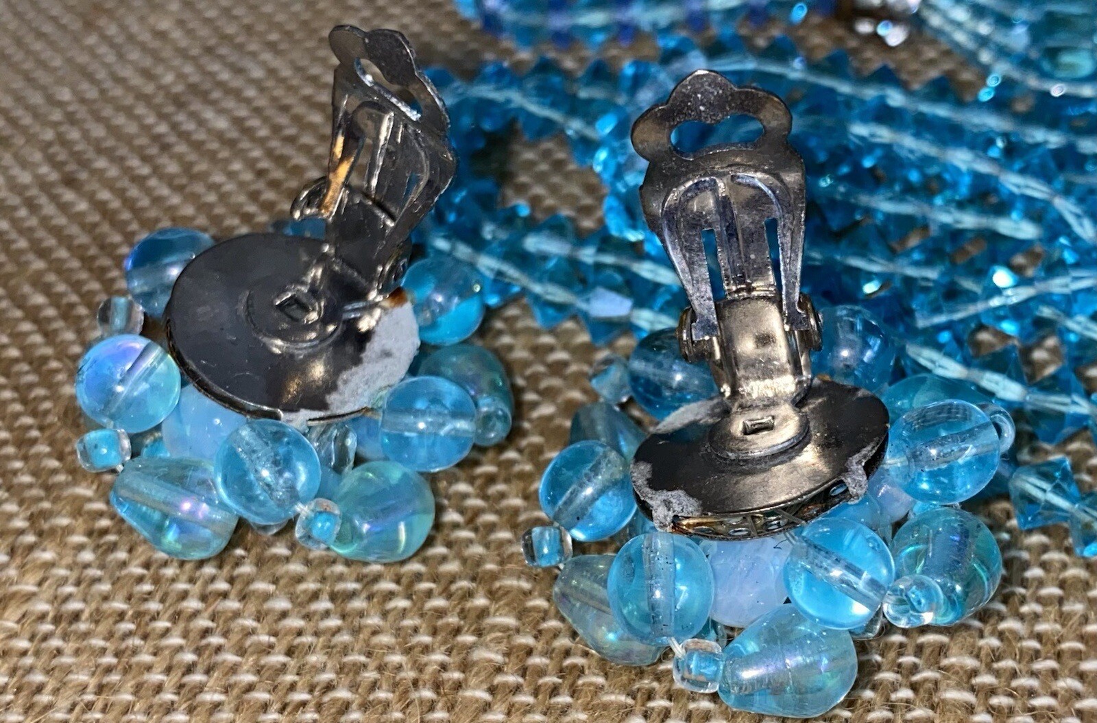 Signed On Earrings, Germany, Iridescent Clip On Earrings, Blue Crystal Necklace