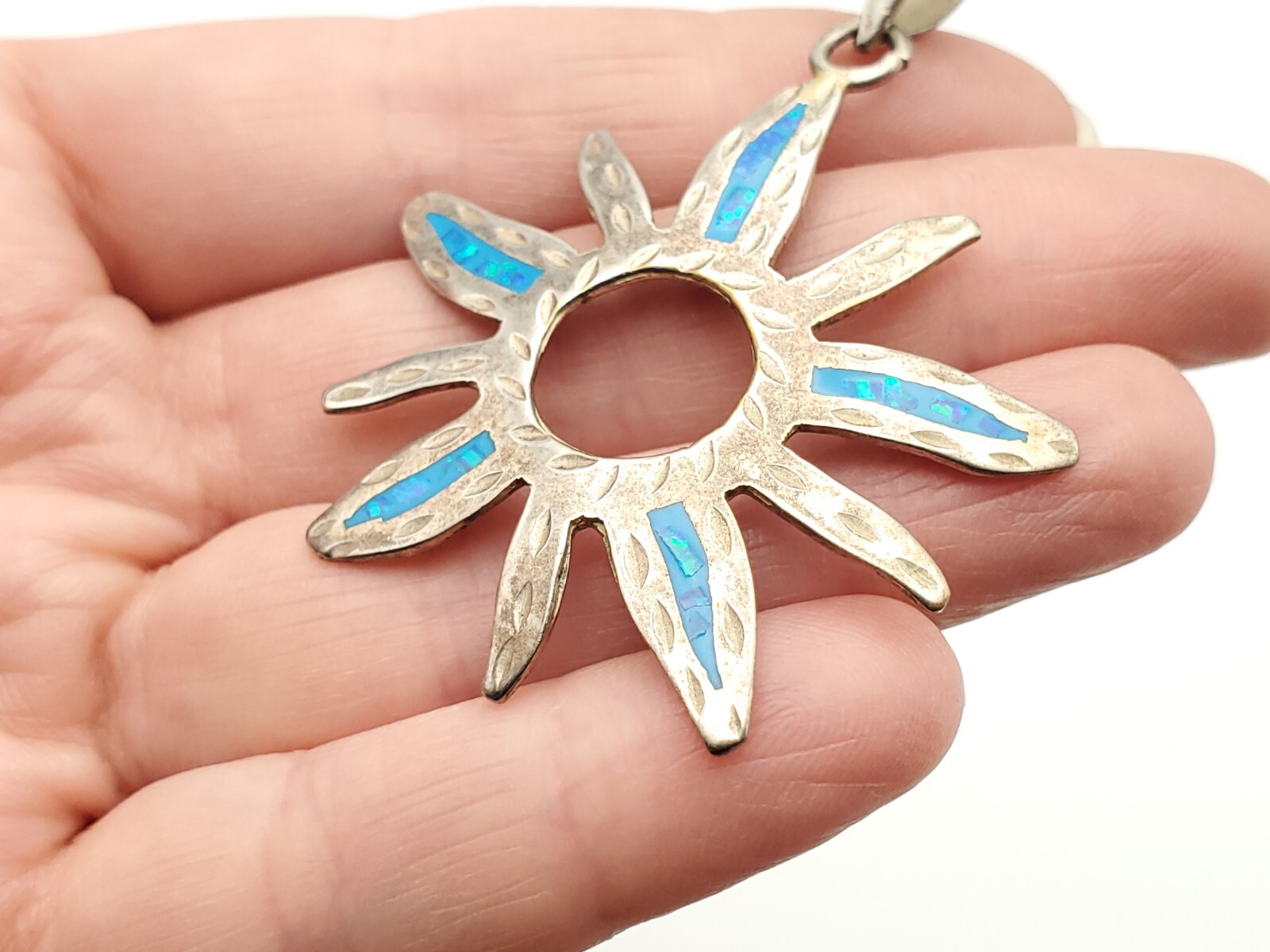 Vintage Sterling Silver Open Circle Sun Opal Inlay Mexico Pendant for Necklace