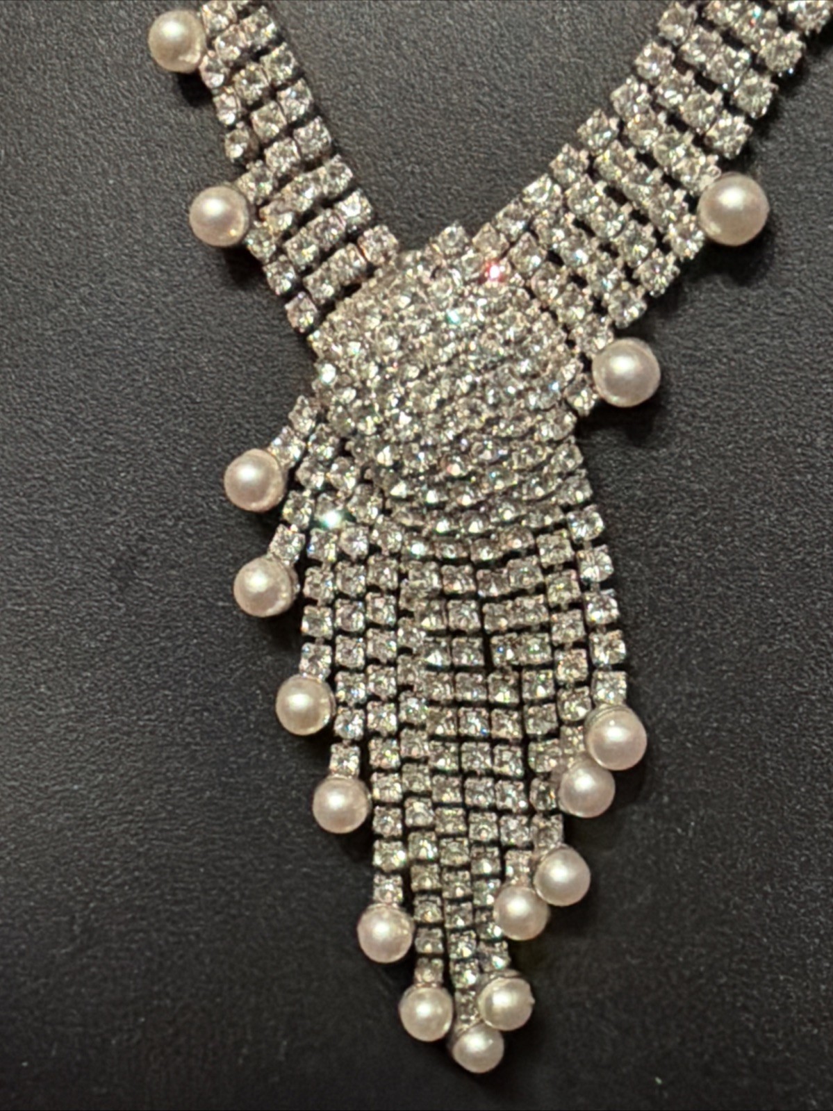 Vintage Rhinestone Swirl Glamour Pearl Dangle Necklace High End Costume Jewelry