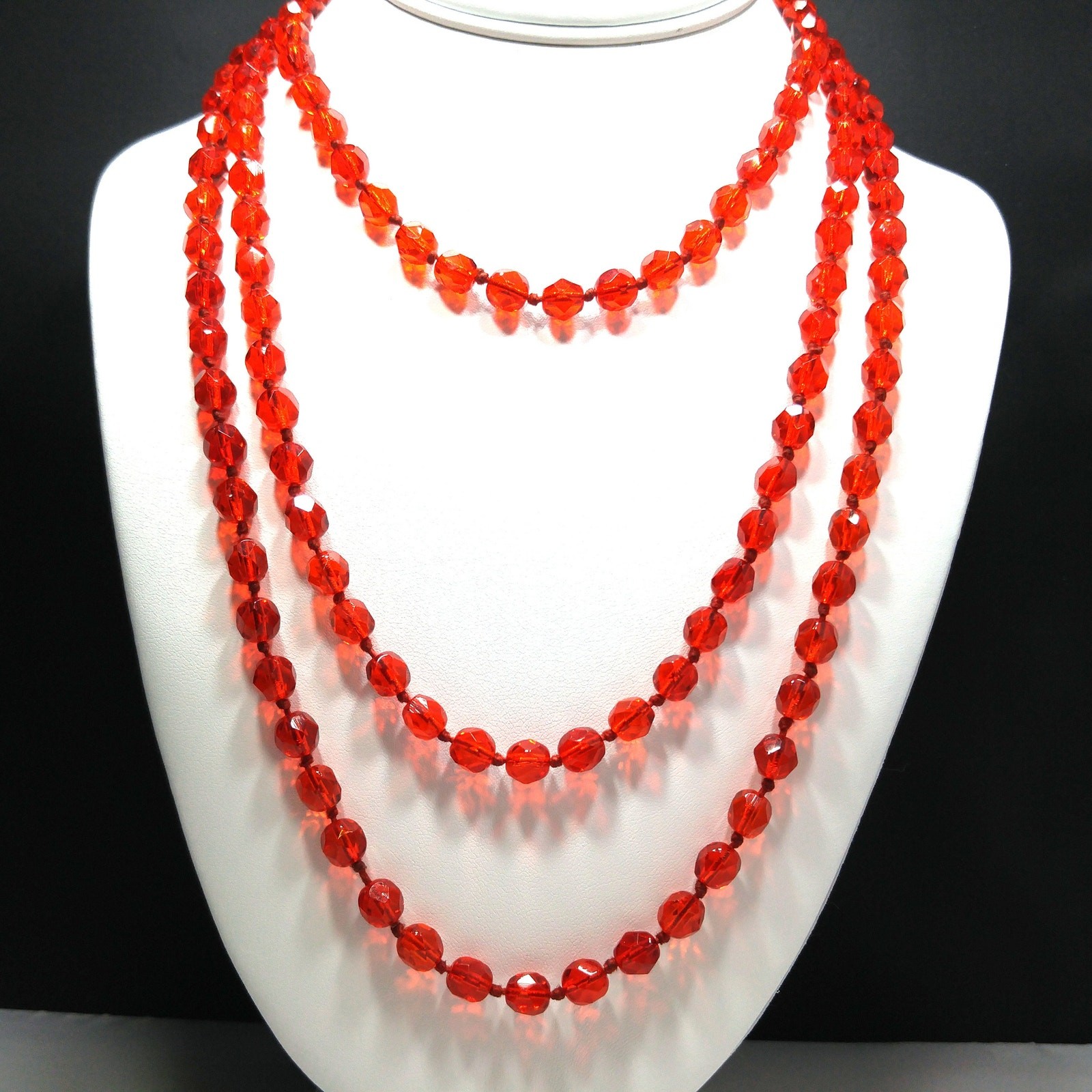 Vintage Red Crystal Hand Knotted Long Necklace, 62 Inches, No Clasp, Vintage