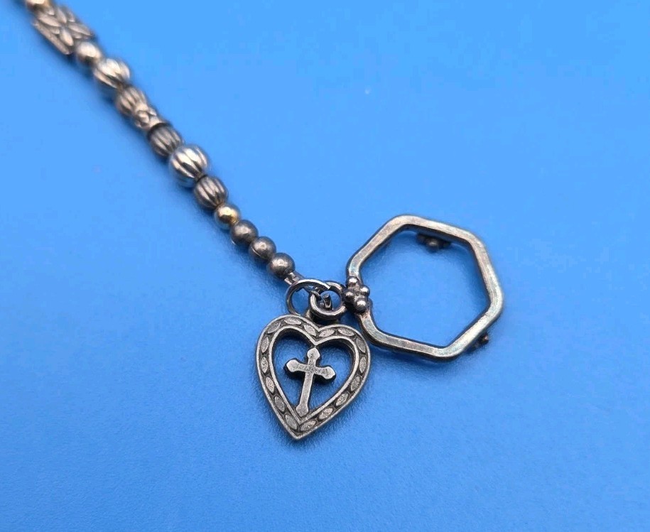 Vintage Silver Toned Toggle Bracelet With Cross & Heart