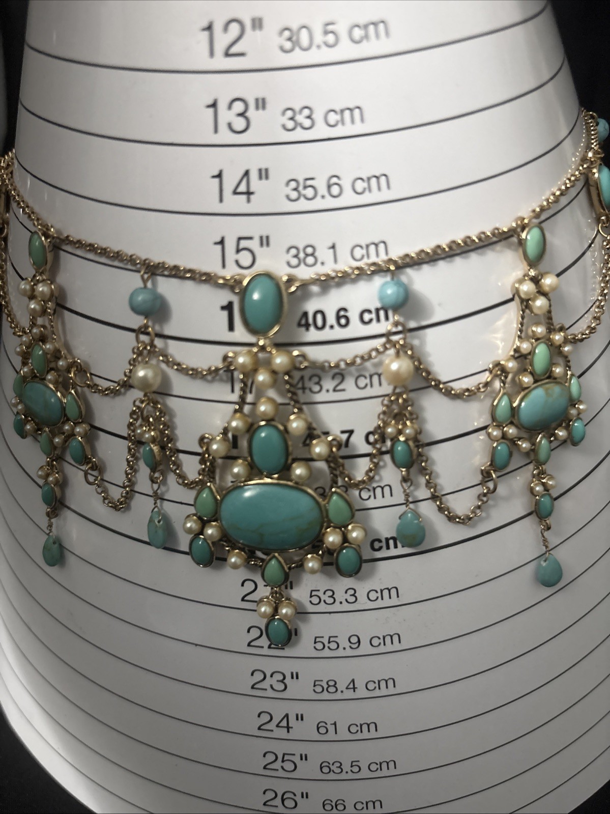 Monet Festoon Necklace Gold Tone, Faux Pearl Victorian Revival Design 15”