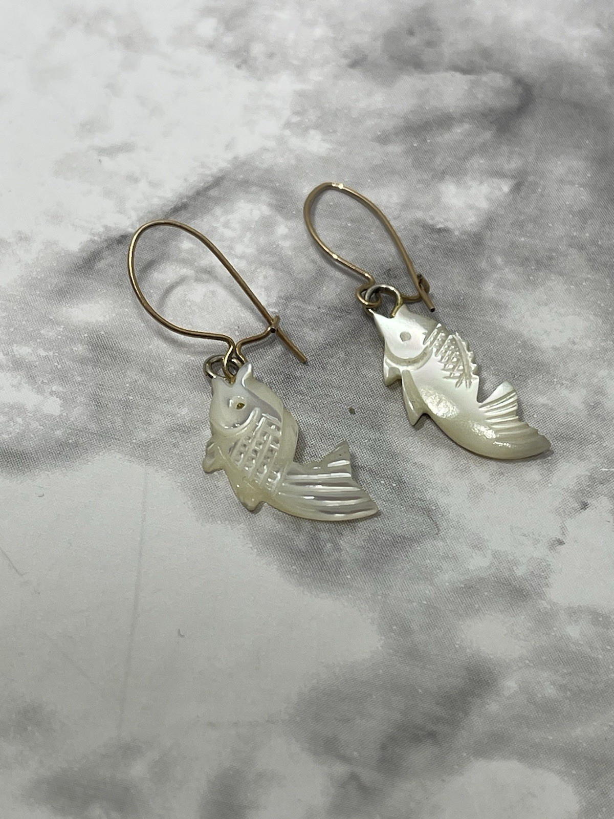 Vintage Mother of Pearl Carved MOP Pierced Koi Fish Dangle Earrings