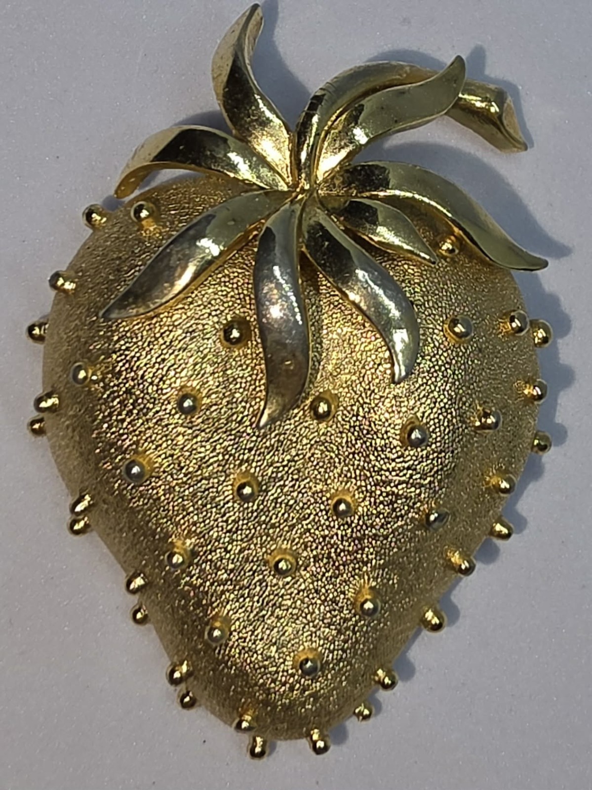 Vintage Crown Trifari Strawberry Brooch Textured Gold Finish