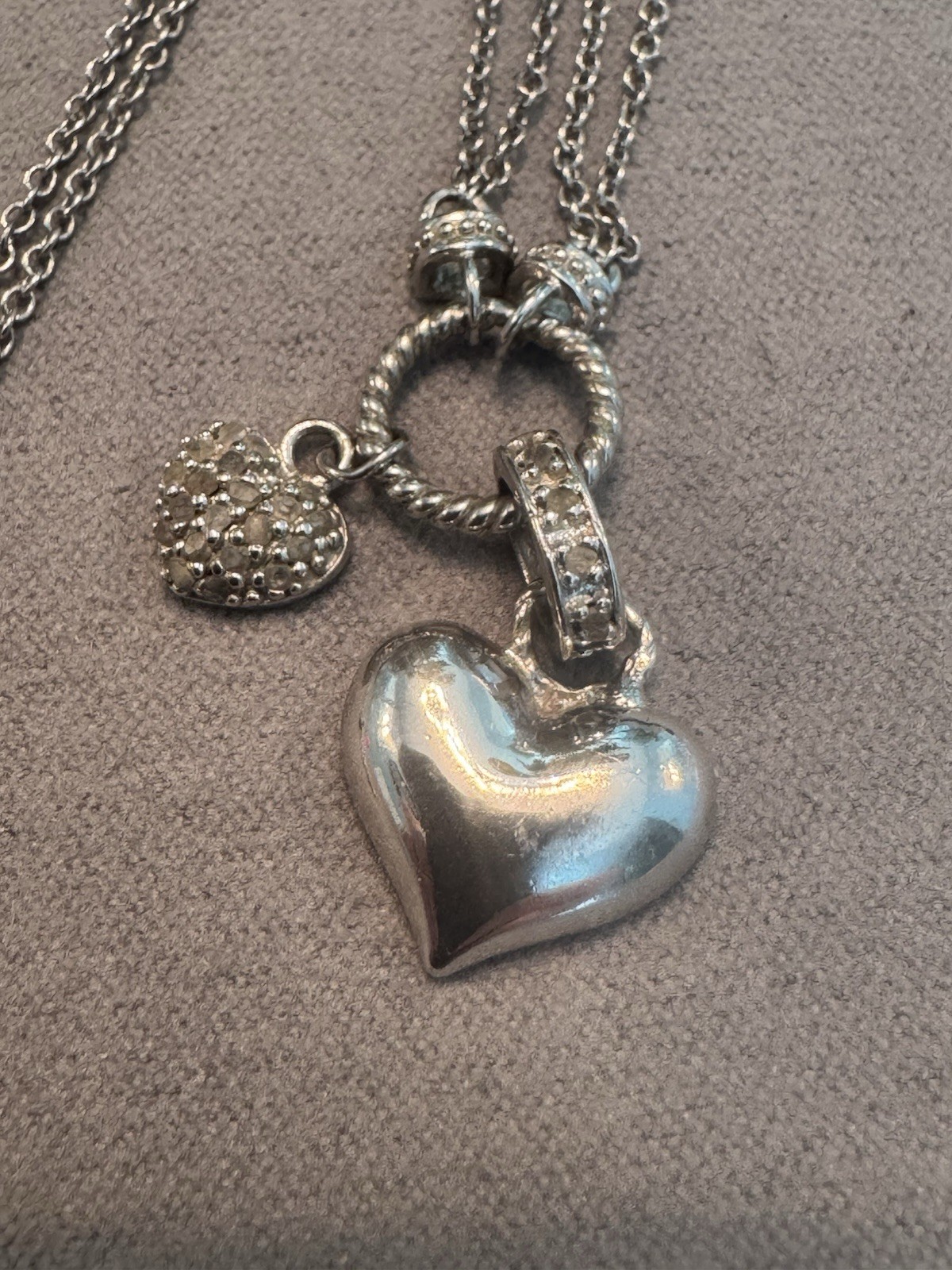 Sterling Silver Diamond Heart Charms & Double Strand Necklace DBJ
