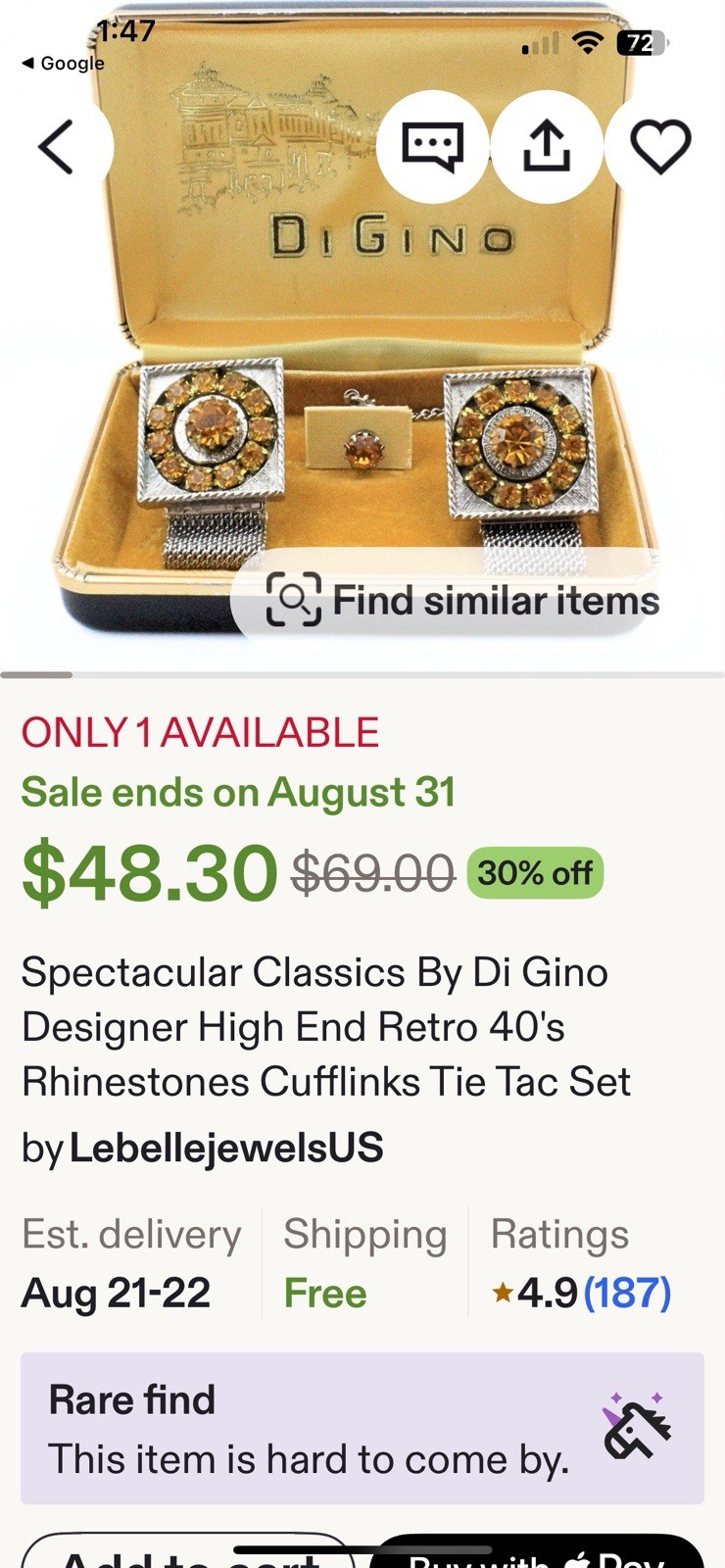 Di Gino Designer High End Retro 40’s Rhinestones Cufflinks