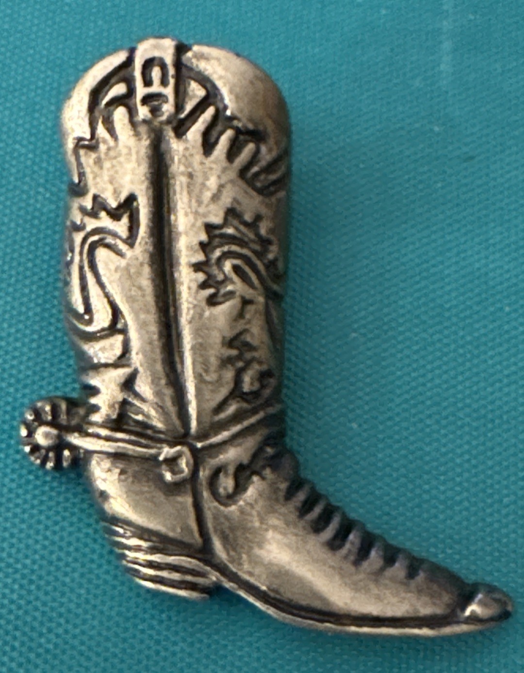 Pewter Spurred Western Cowboy Boot Lapel Hat Pin Elaborate Design Vintage