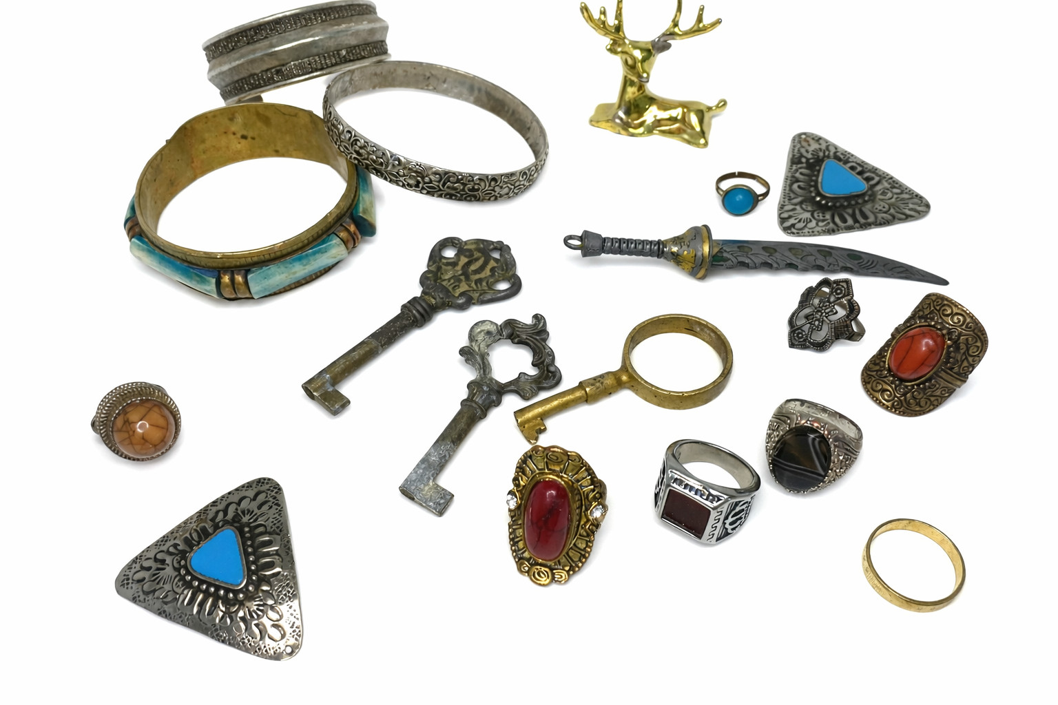 Vintage Jewelry & Curios Lot Bracelets Rings Keys Dagger Deer Figurine
