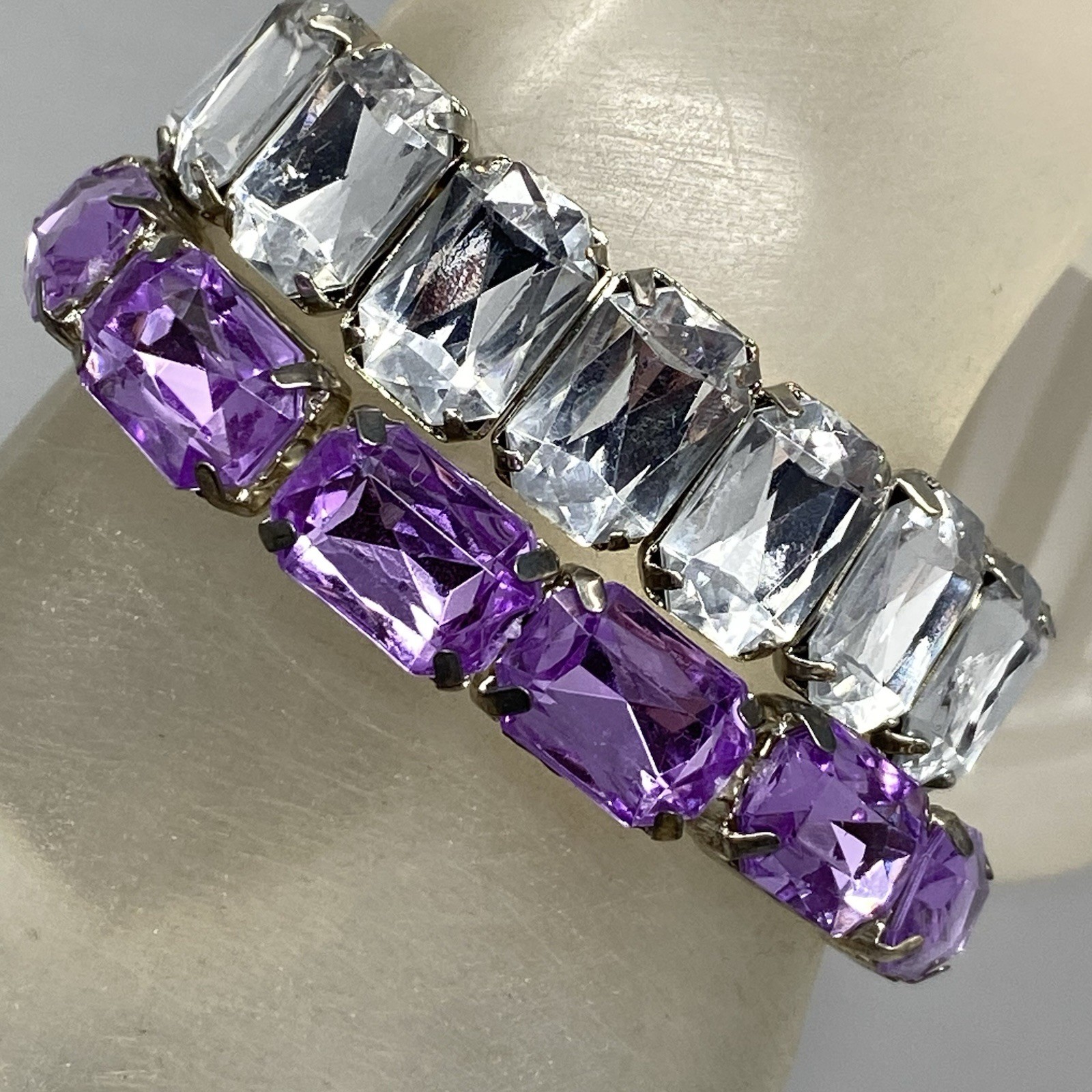 Rhinestone Stretch Bracelet Lot of 6 Blue Purple Clear Acrylic Silver Gold Tone