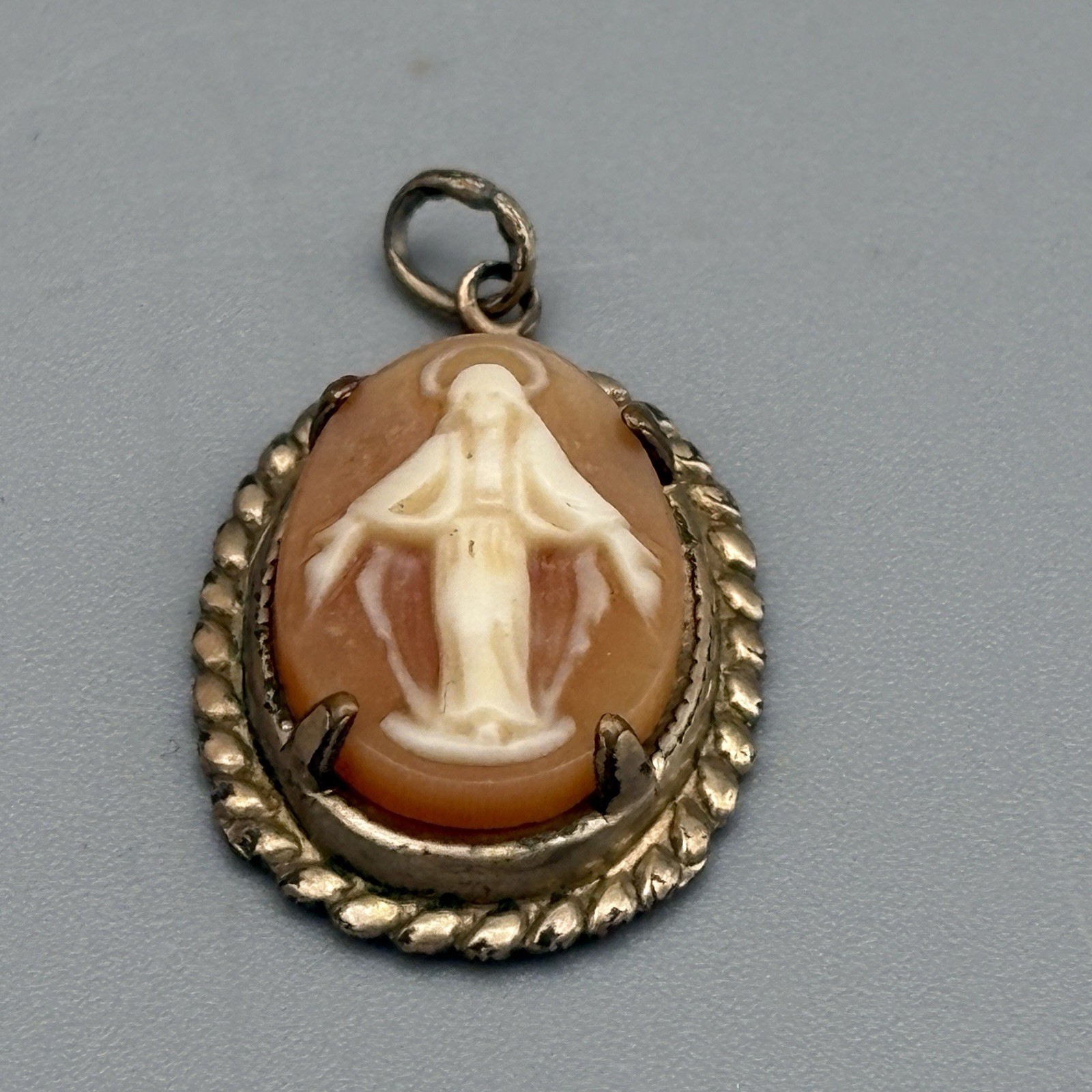Vintage Miraculous Medal Virgin Mary Pendant Carved Shell Cameo 12K Gold Filled