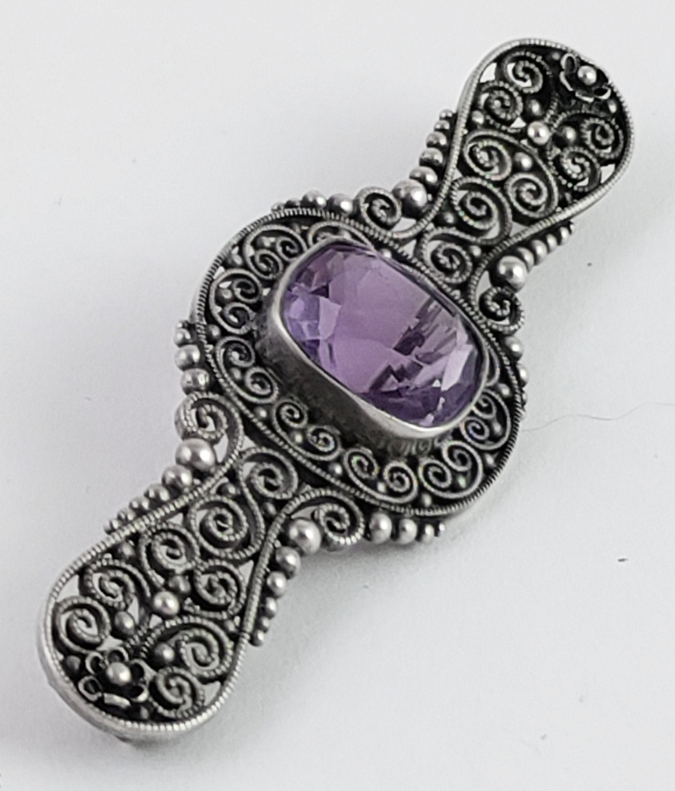 Antique 800 Silver Cannetille Filigree Pin w/Bezel Set Faceted Amethyst Stone