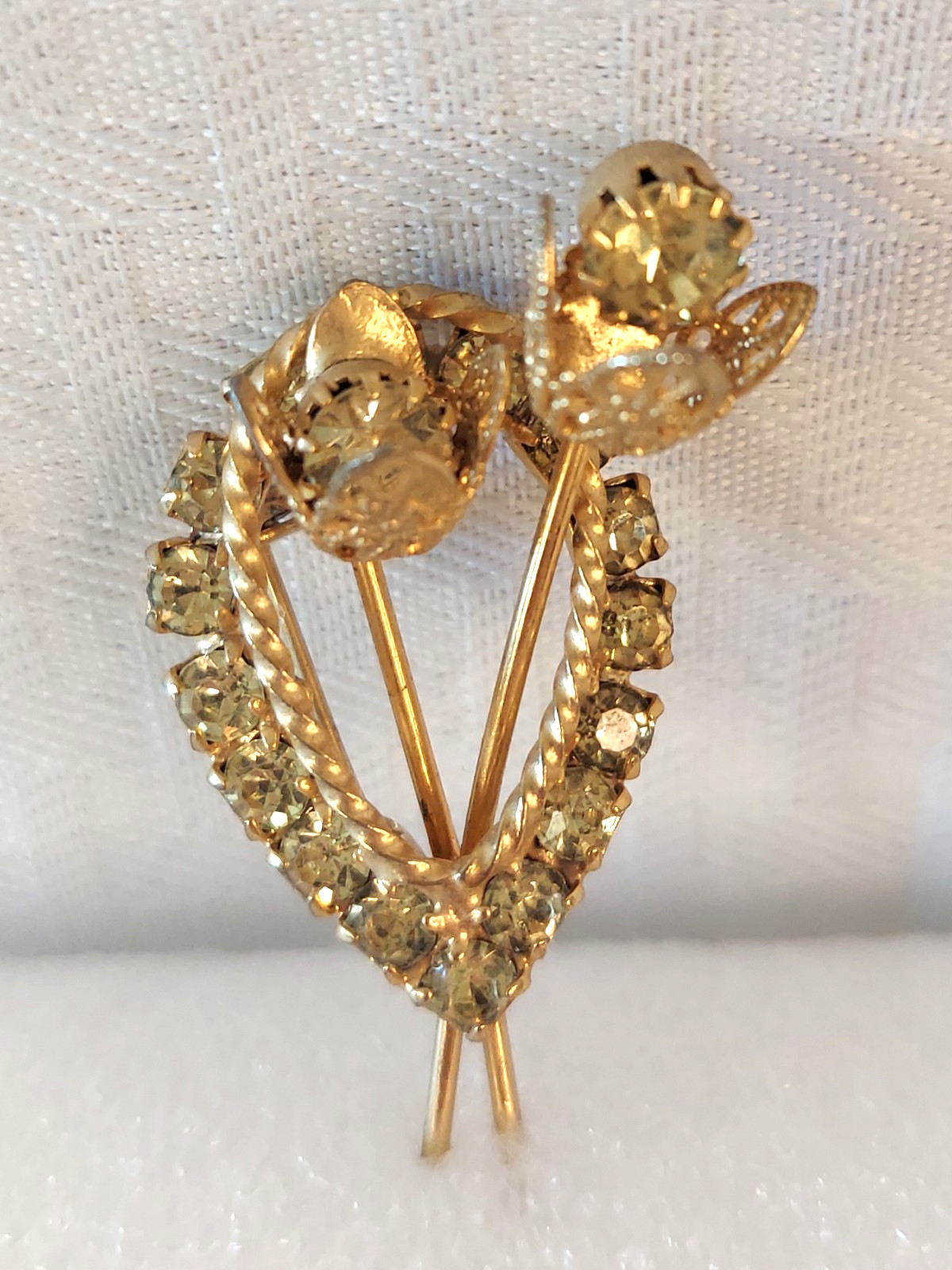 Vtg Gold-tone Lime Green Yellow Rhinestone Dual Flower Pin/Brooch Filigree