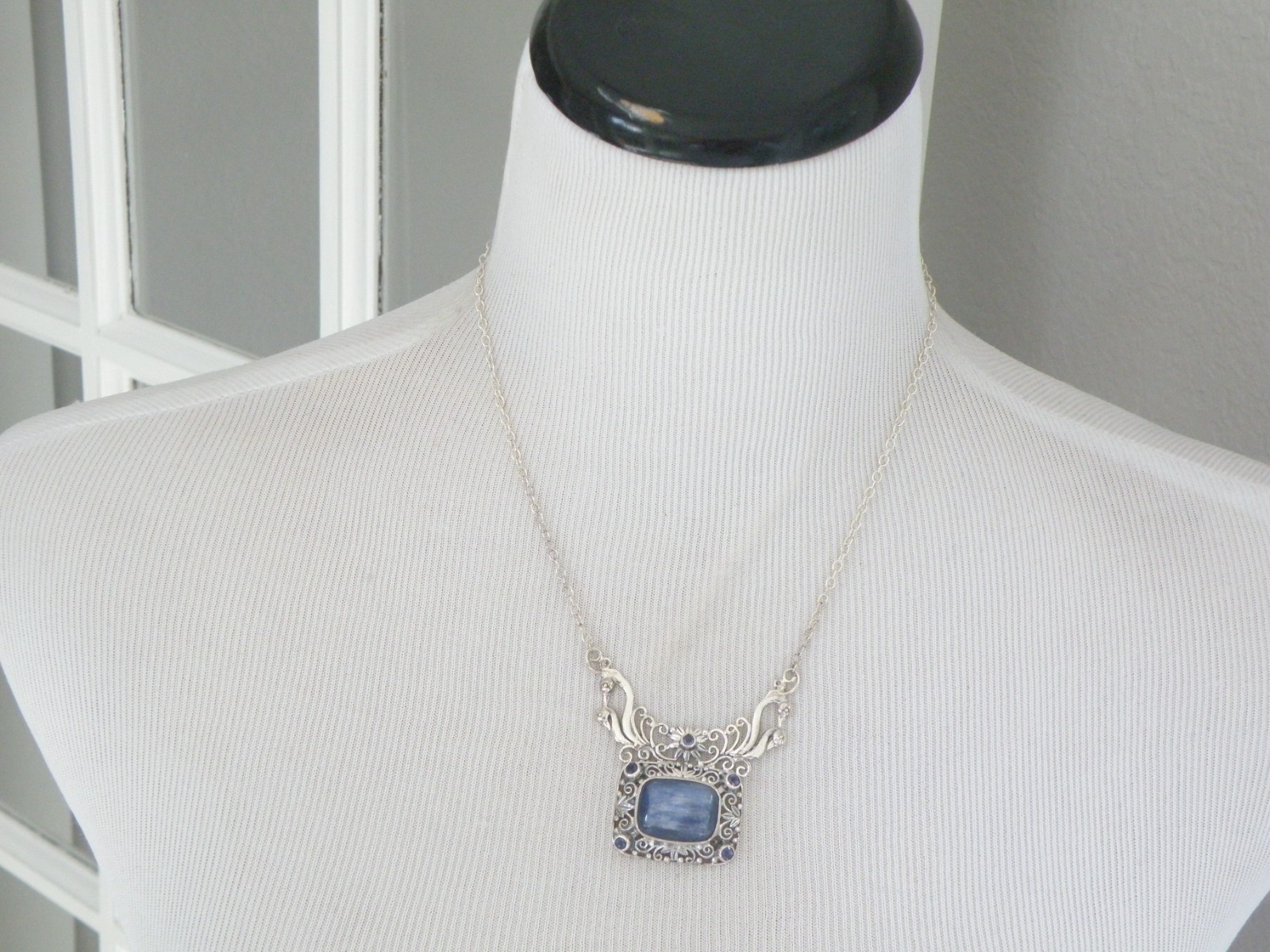 Sterling Silver 925 Natural Kyanite Iolite Art Nouveau Style Necklace 18″