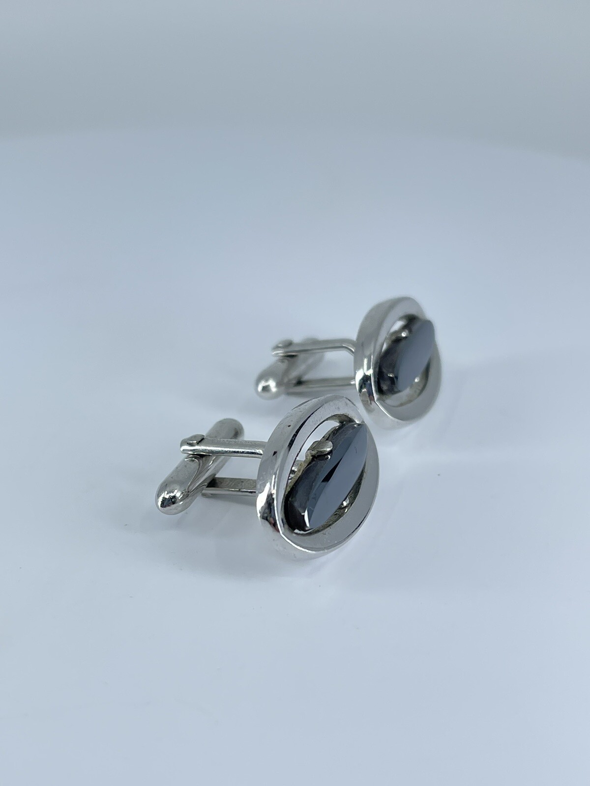 Vintage Swank hematite cufflinks long oval open silver tone design 3/4″