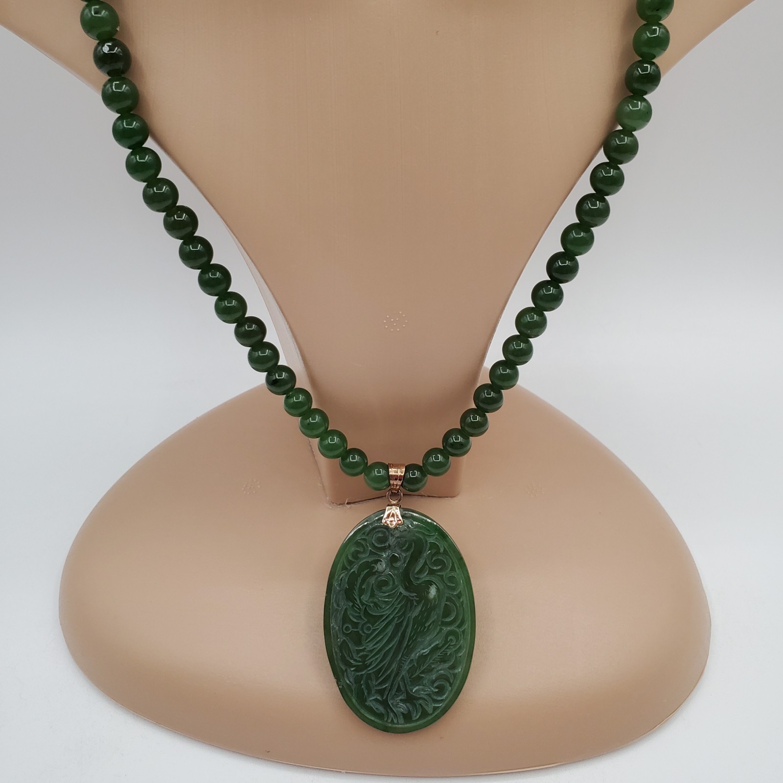 VTG 925 Spinach Jade Crane Dragon Pendant 24in Bead Necklace Carved Reversible