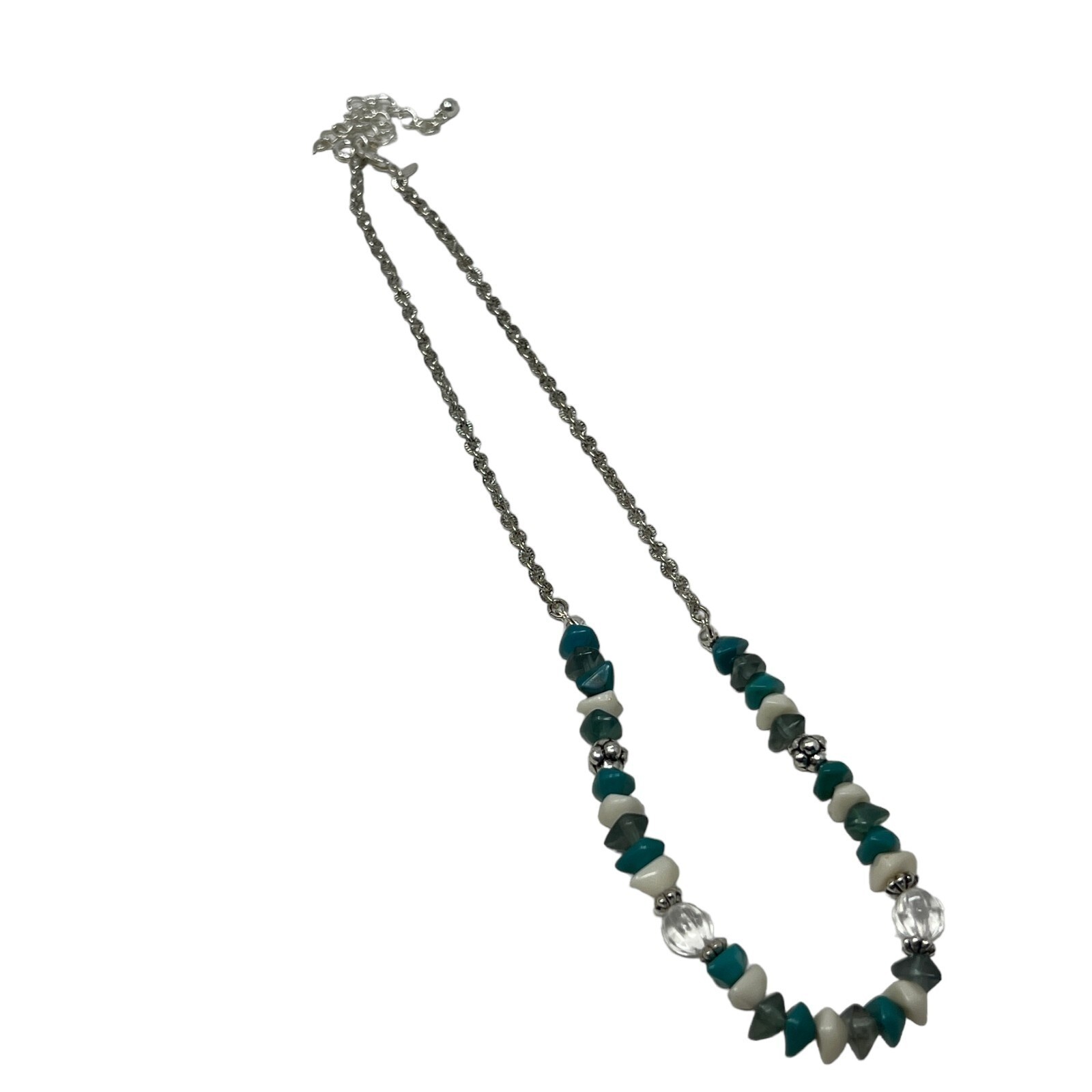 Vintage Avon Necklace Silver Tone with White Blue Clear Beads