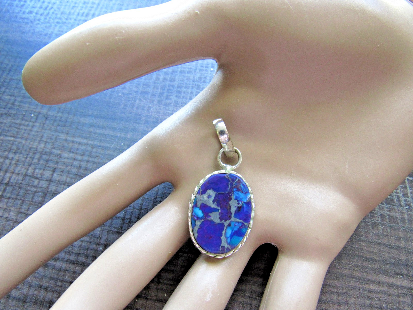 Vintage Silver Pendant Purple & Blue Turquoise Stone Bezel Set Flat Cabochon