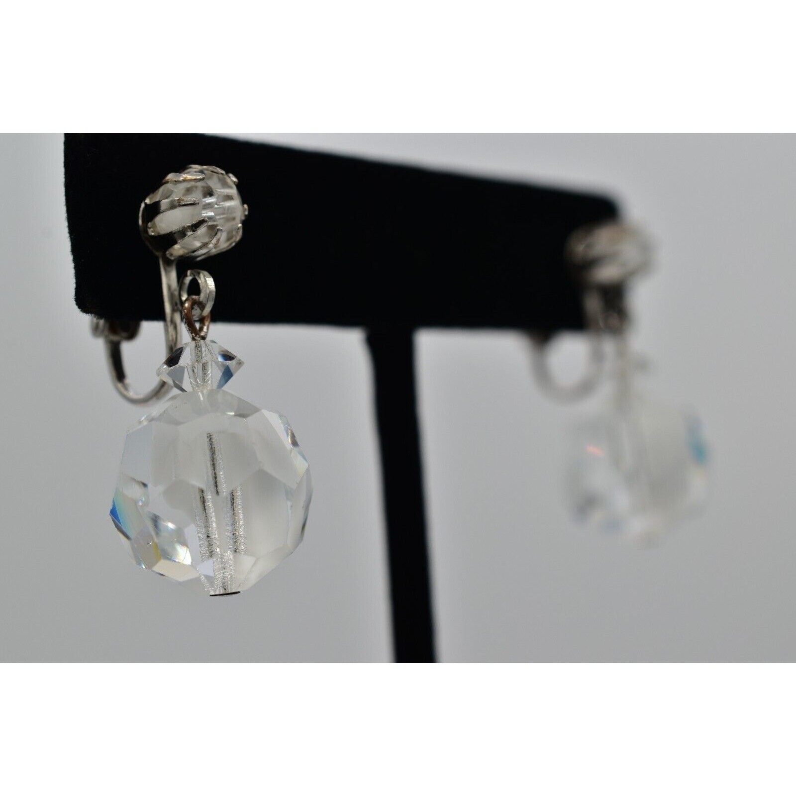 Vintage Crystal Clip On Earrings Silver Dangle Clear Ball Drop Glam 1950s A24