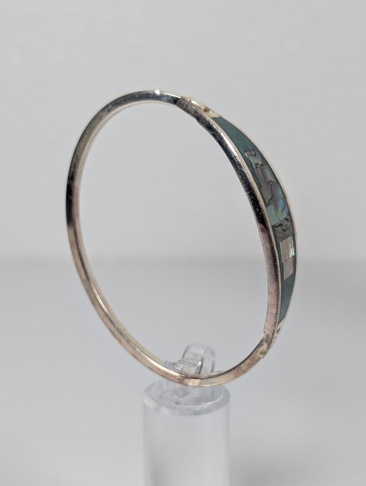 Vtg Alpaca Mexico Hinged Bangle Bracelet MOP Abalone Shell Inlay 1980s NOS