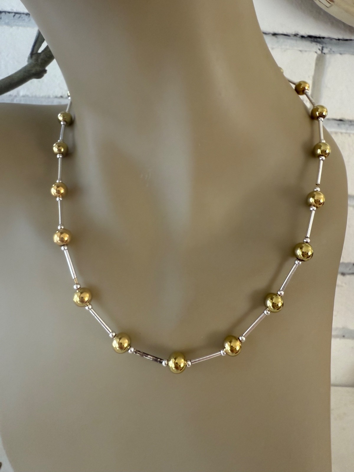 ESTATE VINTAGE GOLD & SILVER PLATED BALL BAR LINK CHAIN SIGNED NECKLACE 17″