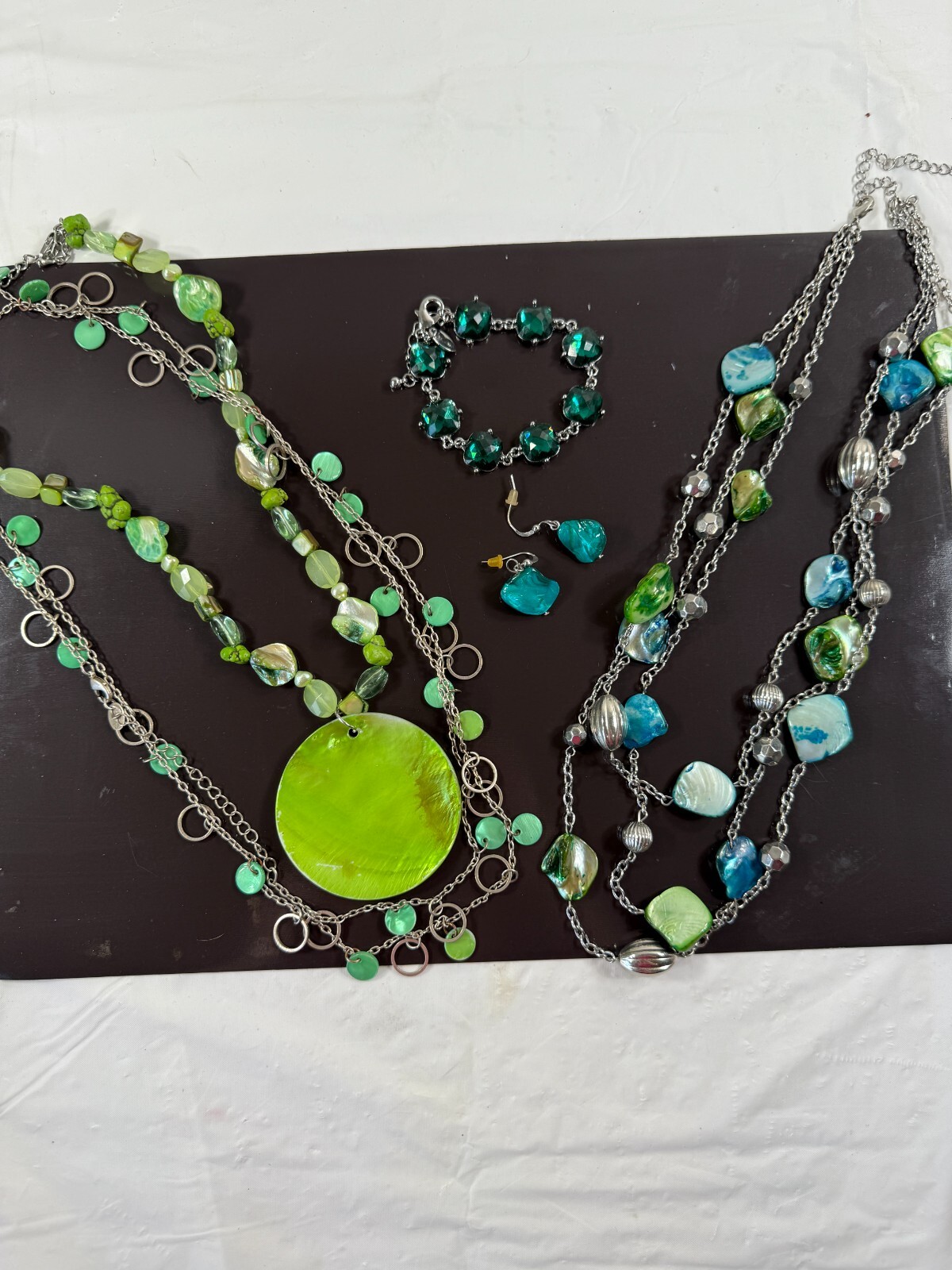Abalone Shell Necklace Bracelet Earrings Set Pierced Vintage Blue Green 5 Pieces