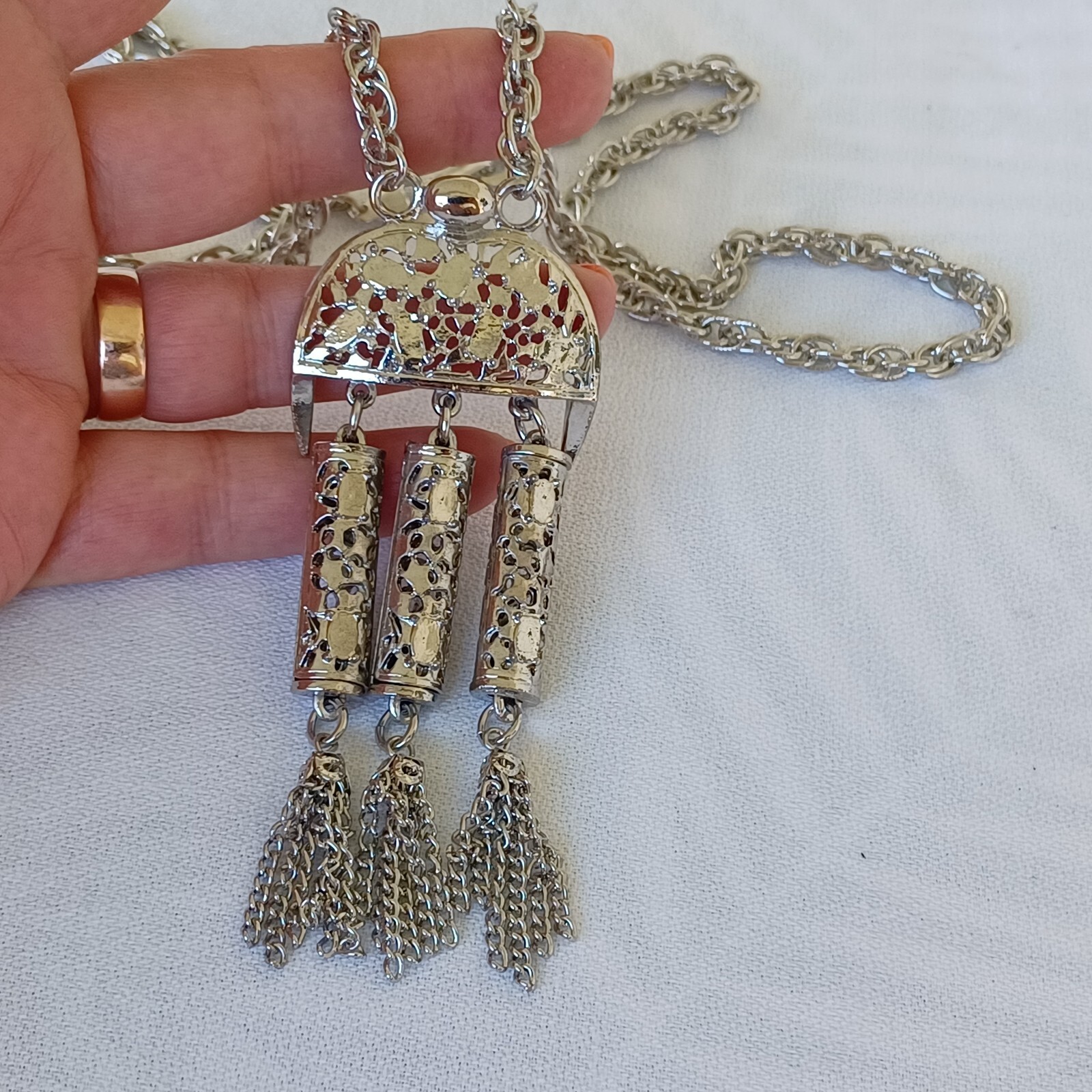 Vintage S/Tone Persian Style Chain Necklace Half Circle Pendant Dangle Tubes