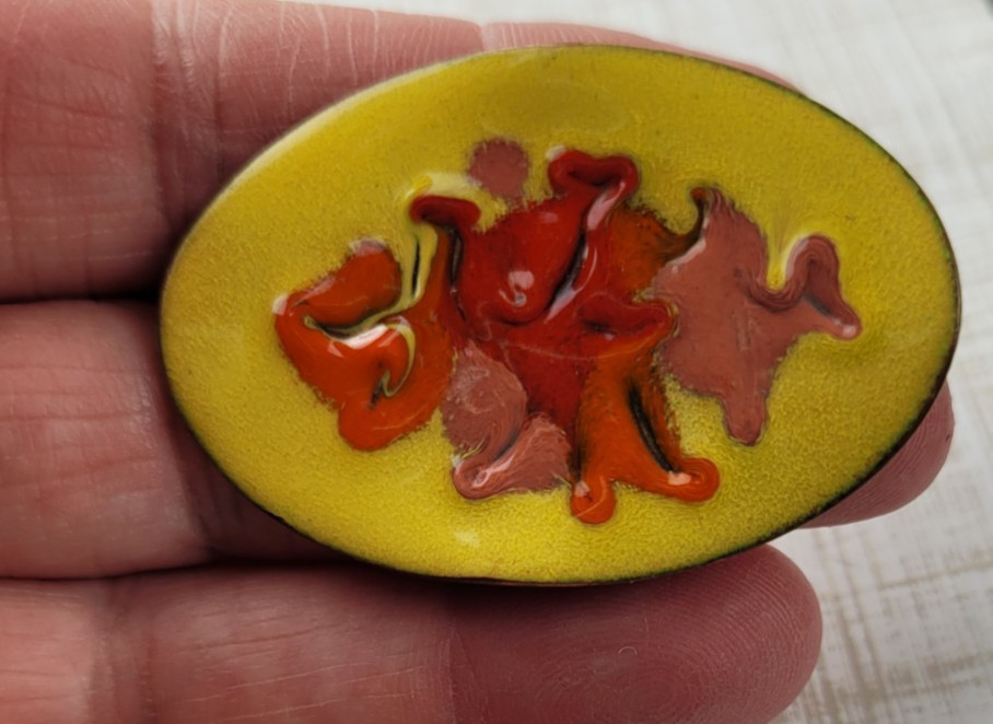 Vintage Copper Enamel Oval Brooch Fall Colors Yellow Orange Brown 2″