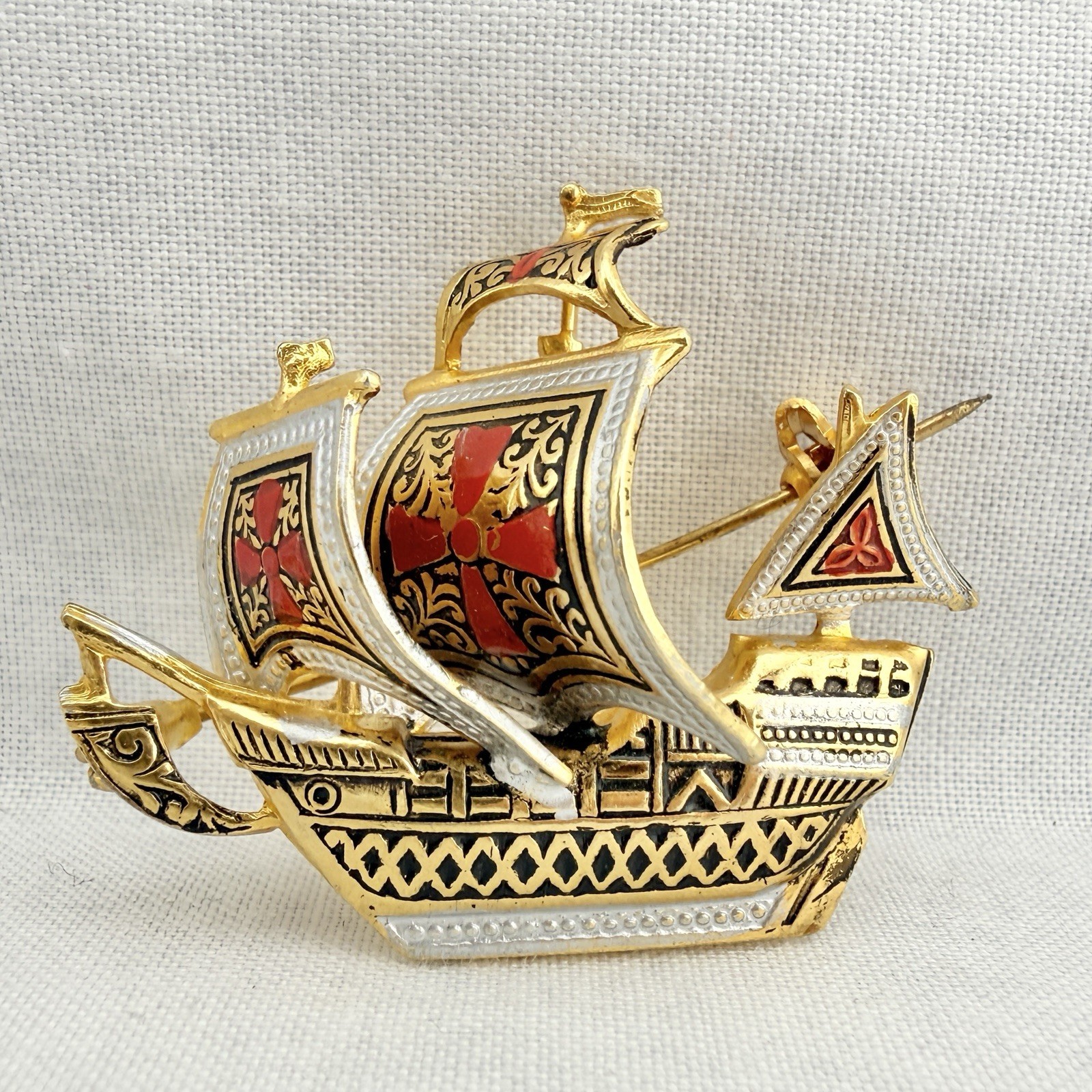 Vintage Spanish Ship Brooch Pin Damascene Sailing Galleon Gold Tone Nautical Art