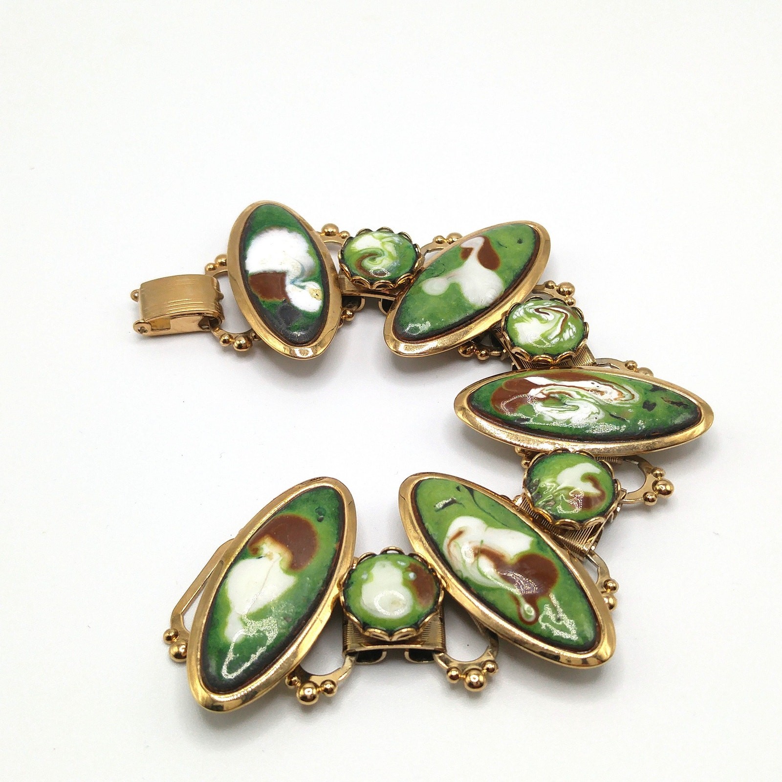 Mid-Century Enamel Book Chain Bracelet, Green Brown White Gold, 1950s Vintage