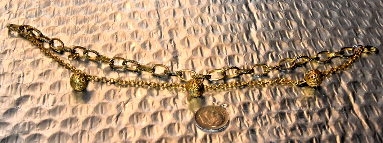 Antique Gold Colored Metal Bracelet w/Oval Links & Thin Loose Chain w/ 3 Balls