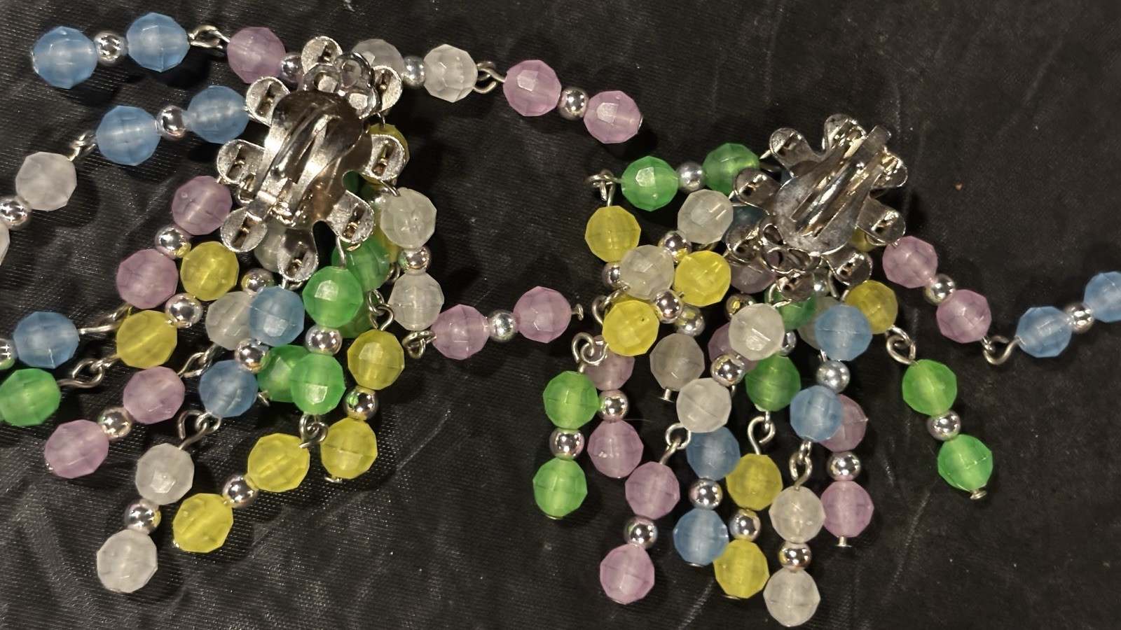 Vtg West Germany Blue Glass Bead Necklace And Multi Colored Clip On Earrings Set