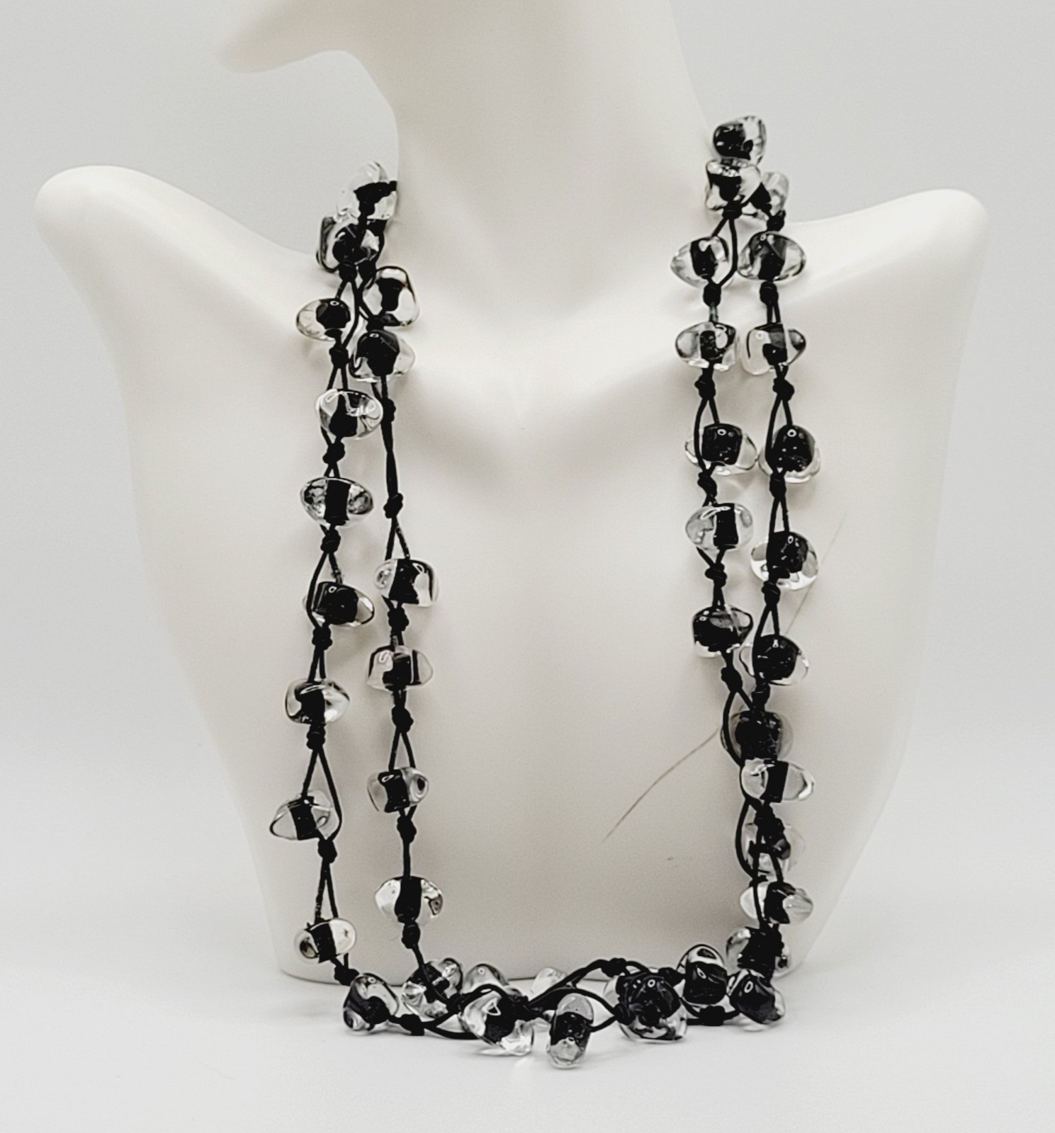 Art Glass Clear Ice Pebble Bead Hand Knot Black Thread Single Strand Necklace
