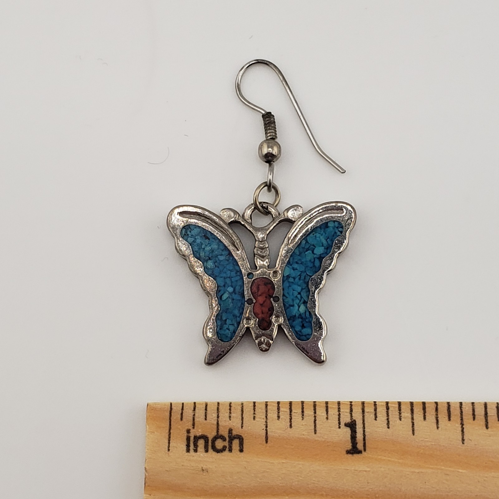 VTG Butterfly Dangle Earrings Silver Tone Turquoise Coral Chip Inlay Southwest