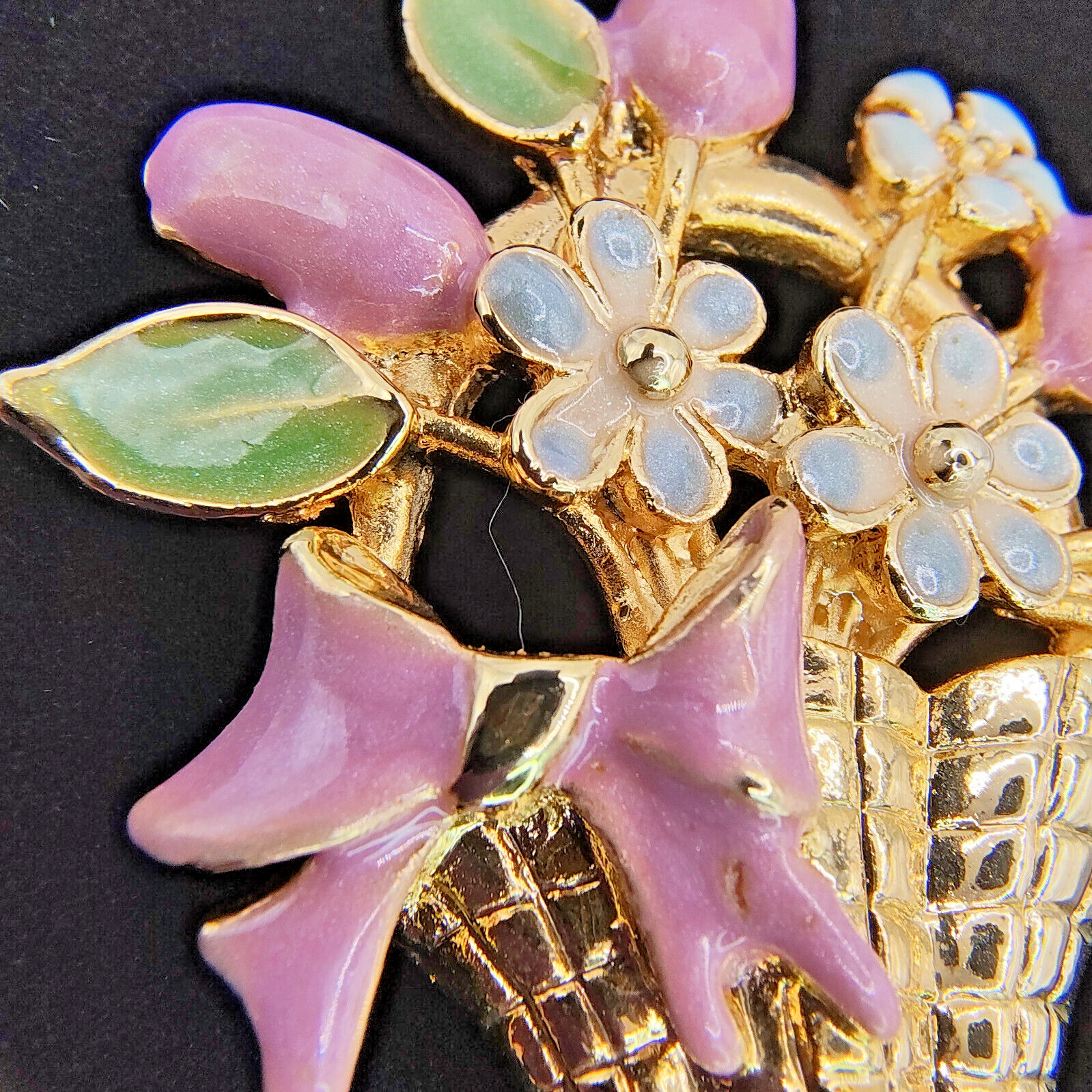 Vintage Flower Basket Brooch Pin Colorful Enamel Gold Tone Cottagecore