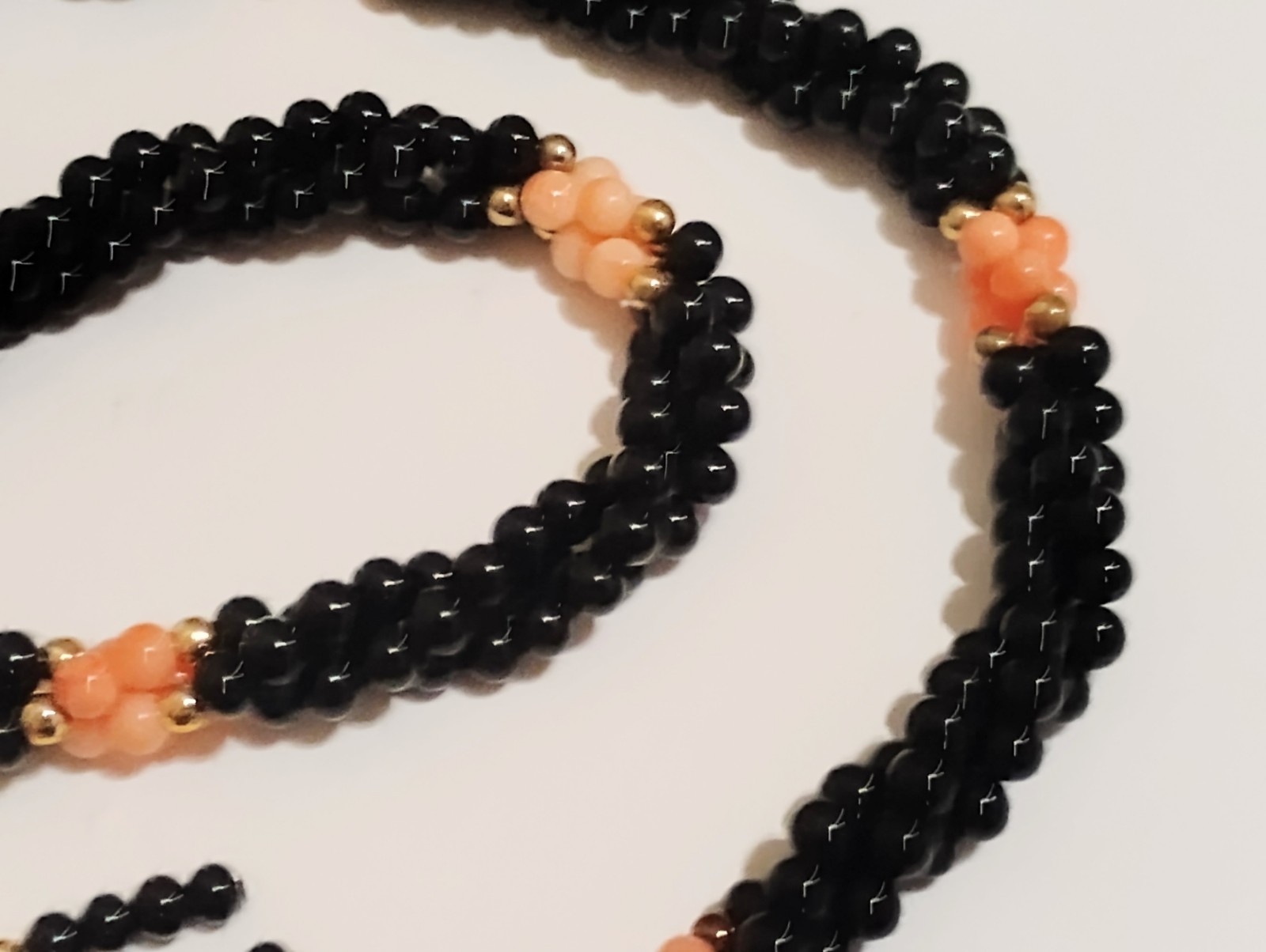 Vintage Black Onyx & Coral Necklace & Earrings Set Twisted Rope Pierced Dangle