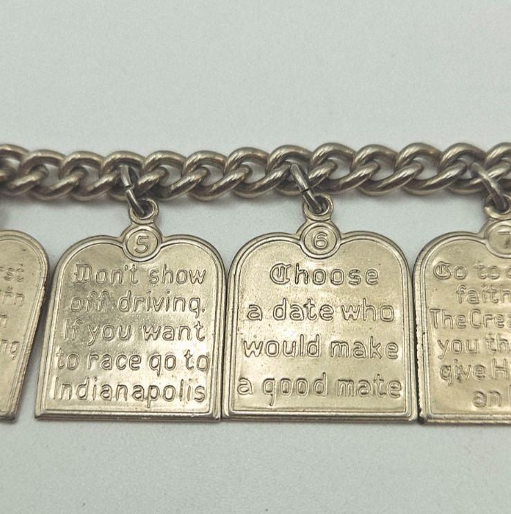 RARE Vintage 10 Teen Commandments Charm Bracelet Silvertone 1950s Paul Anka Song