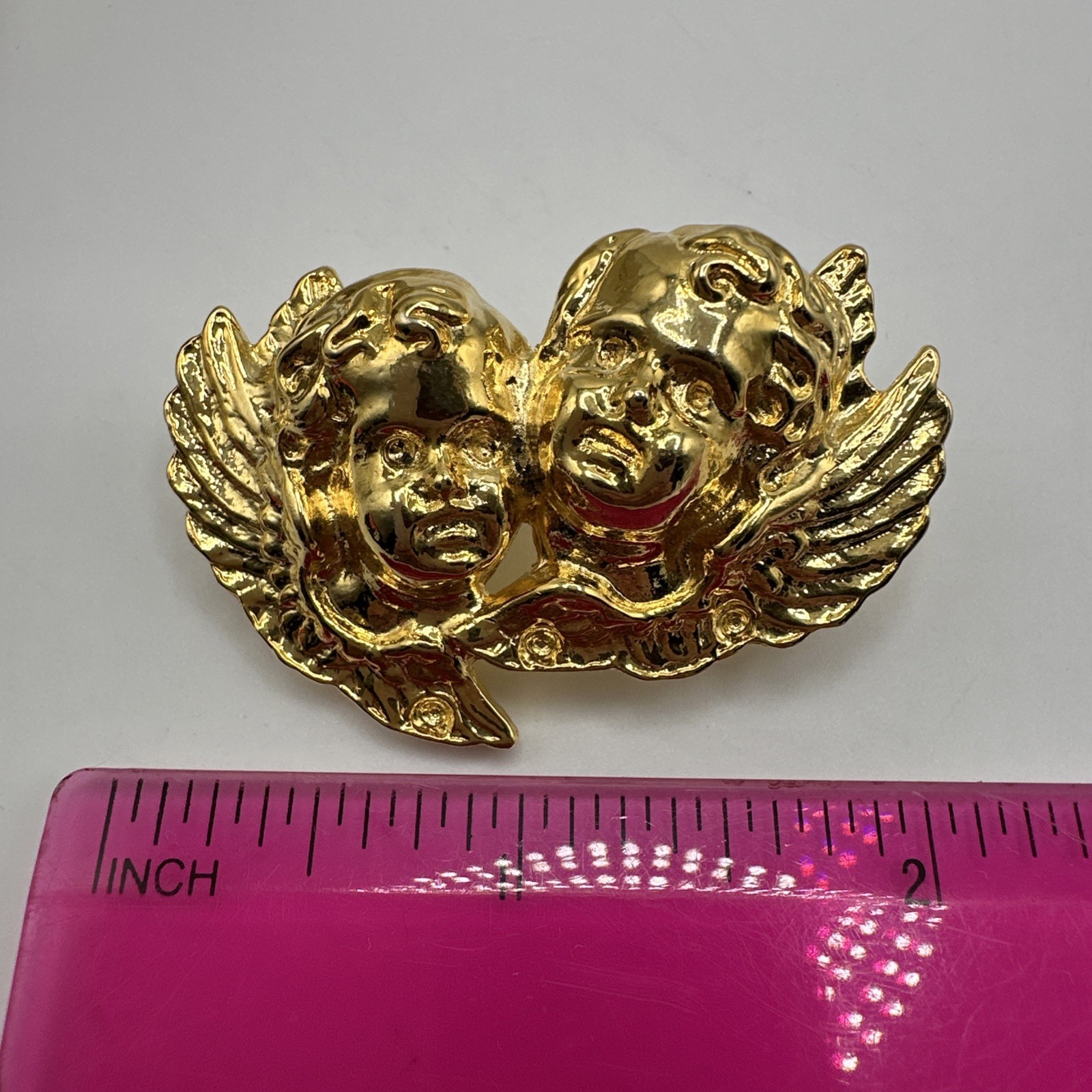 Vintage Guardian Angel Cherub Brooch Pin Shiny Gold Tone