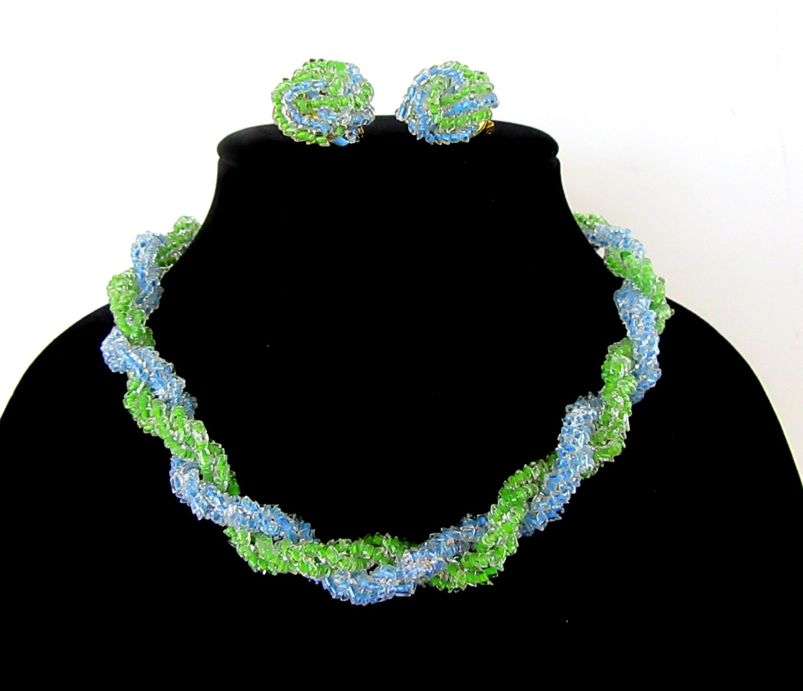 Vintage Blue & green beaded necklace & clip on cluster earrings set – Japan MCM