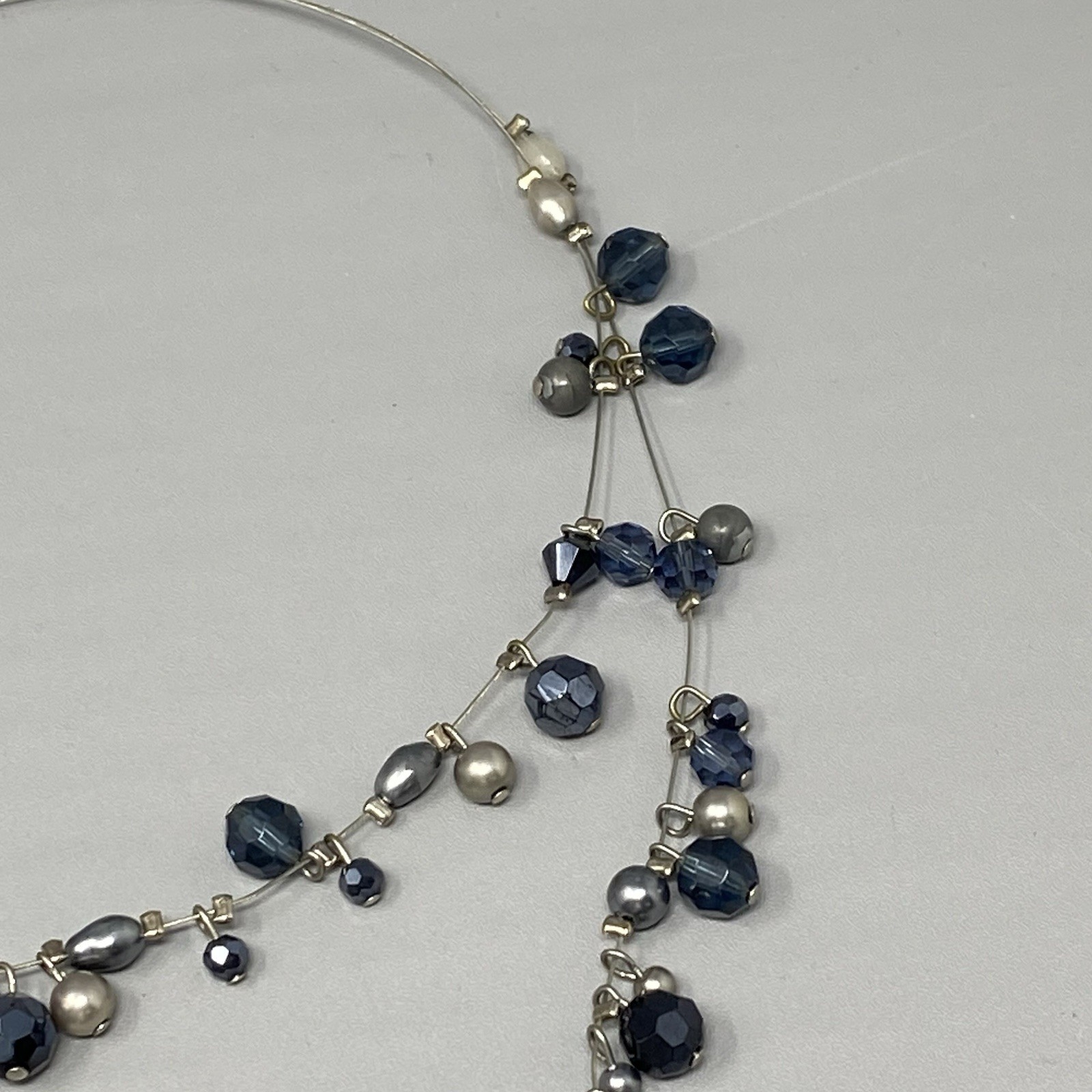 Glass Bead Fringe Necklace Blue Gray Station Layered Collar Memory Wire 19″