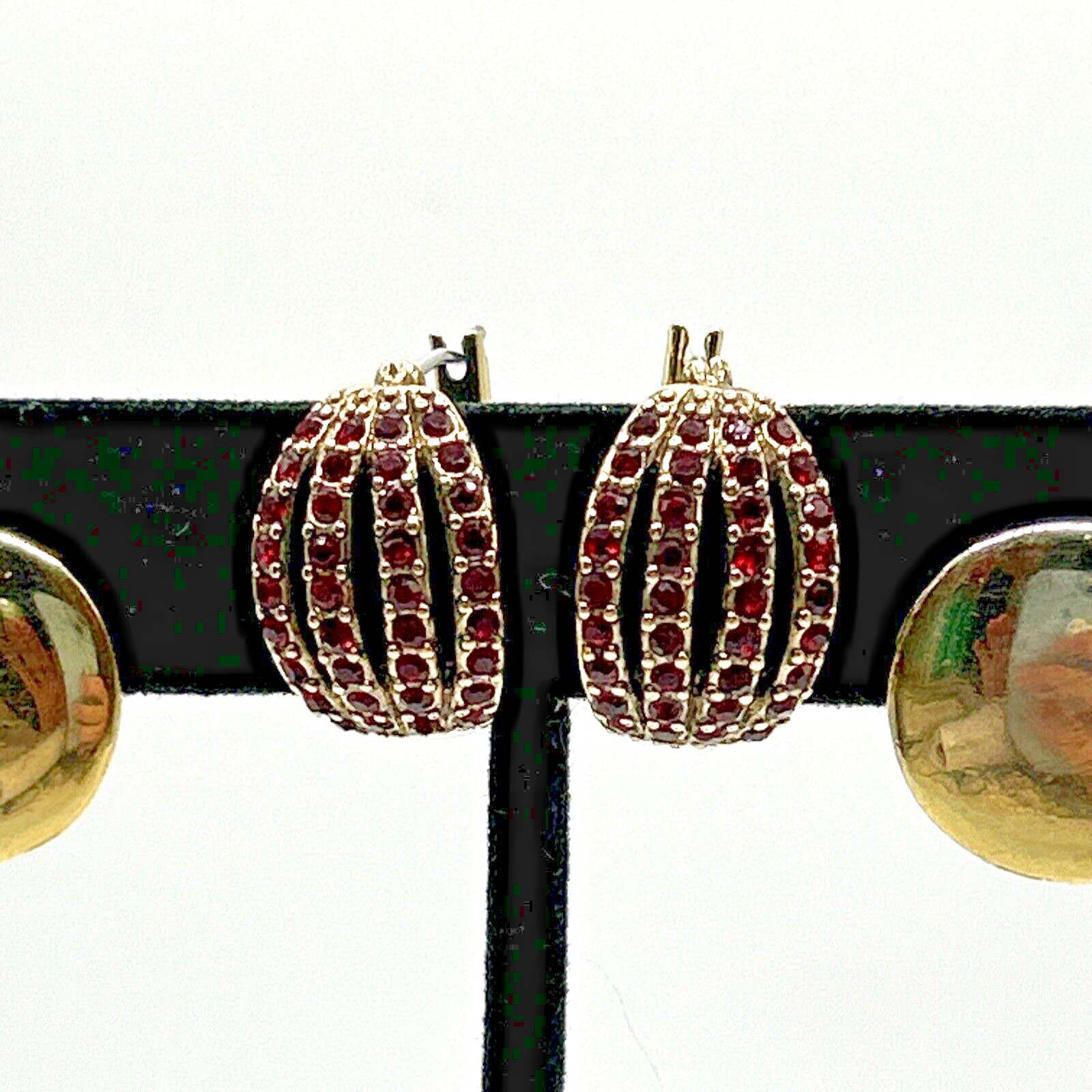 Vintage Monet Gold Plated Disc Earrings Red Crystal Post Earrings Pre/Post 1950