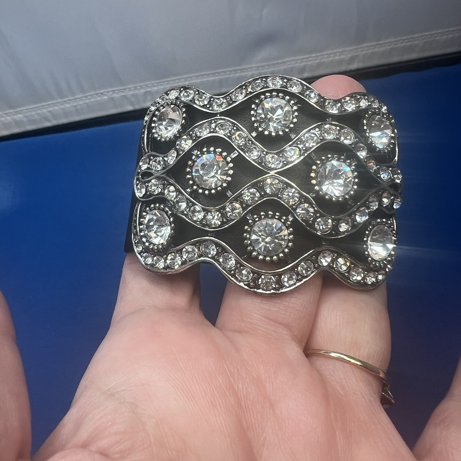 Black Leather 1.5″ Wide Snap Closure Rhinestone Crystal Silver 7-7.5″ Bracelet