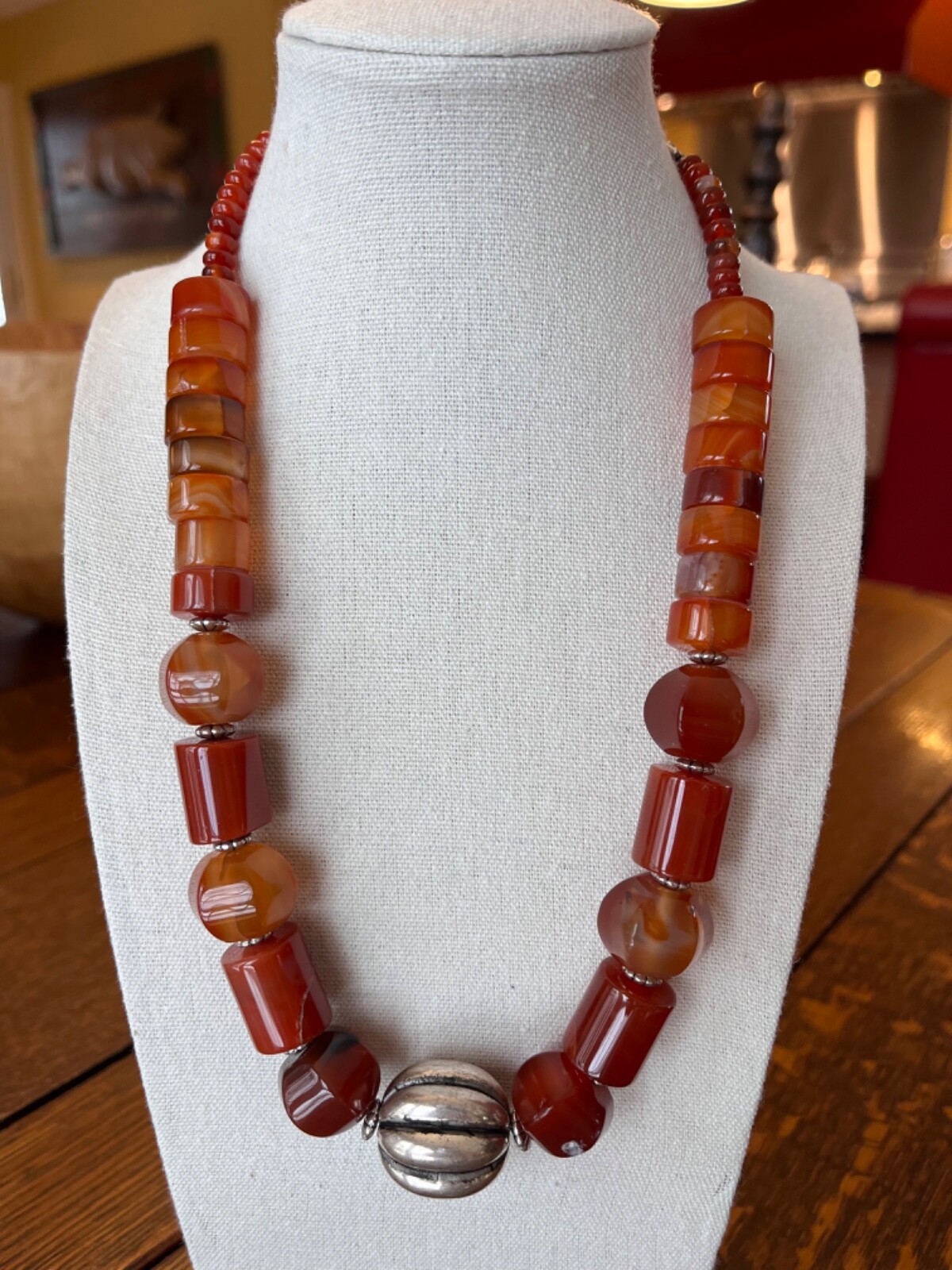 Fabulous 24″Heavy 1990s Carnelian & Silver Bead Fashion Necklace Fish Hook Clasp